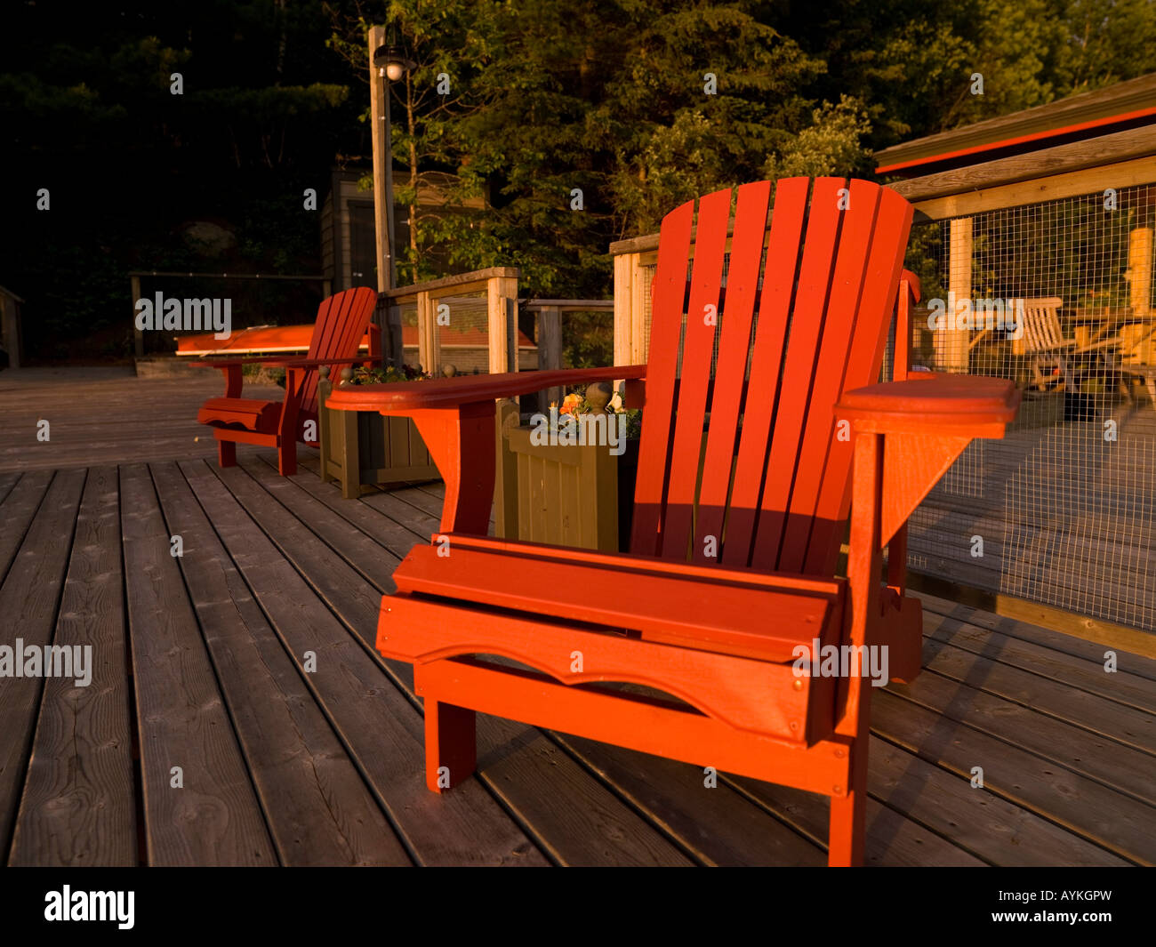 Chaises Adirondack sur un quai, le lac des Bois, Ontario, Canada Banque D'Images