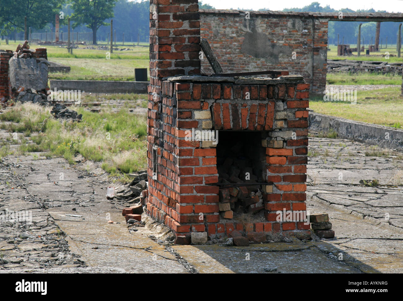 La cuisine et le chauffage dans les restes d'une cabane en bois détruits dans l'ancien camp de concentration Nazi à Auschwitz Birkenau. Banque D'Images