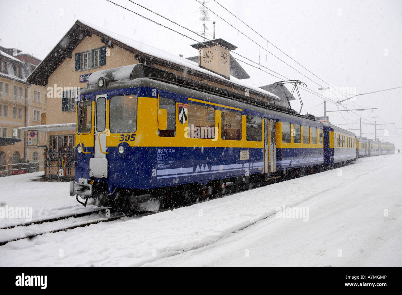 Train depuis la gare de Grindelwald Interlaken à fortes chutes de neige de l'automne - Grindelwald - Brenese Alpes Suisses Banque D'Images