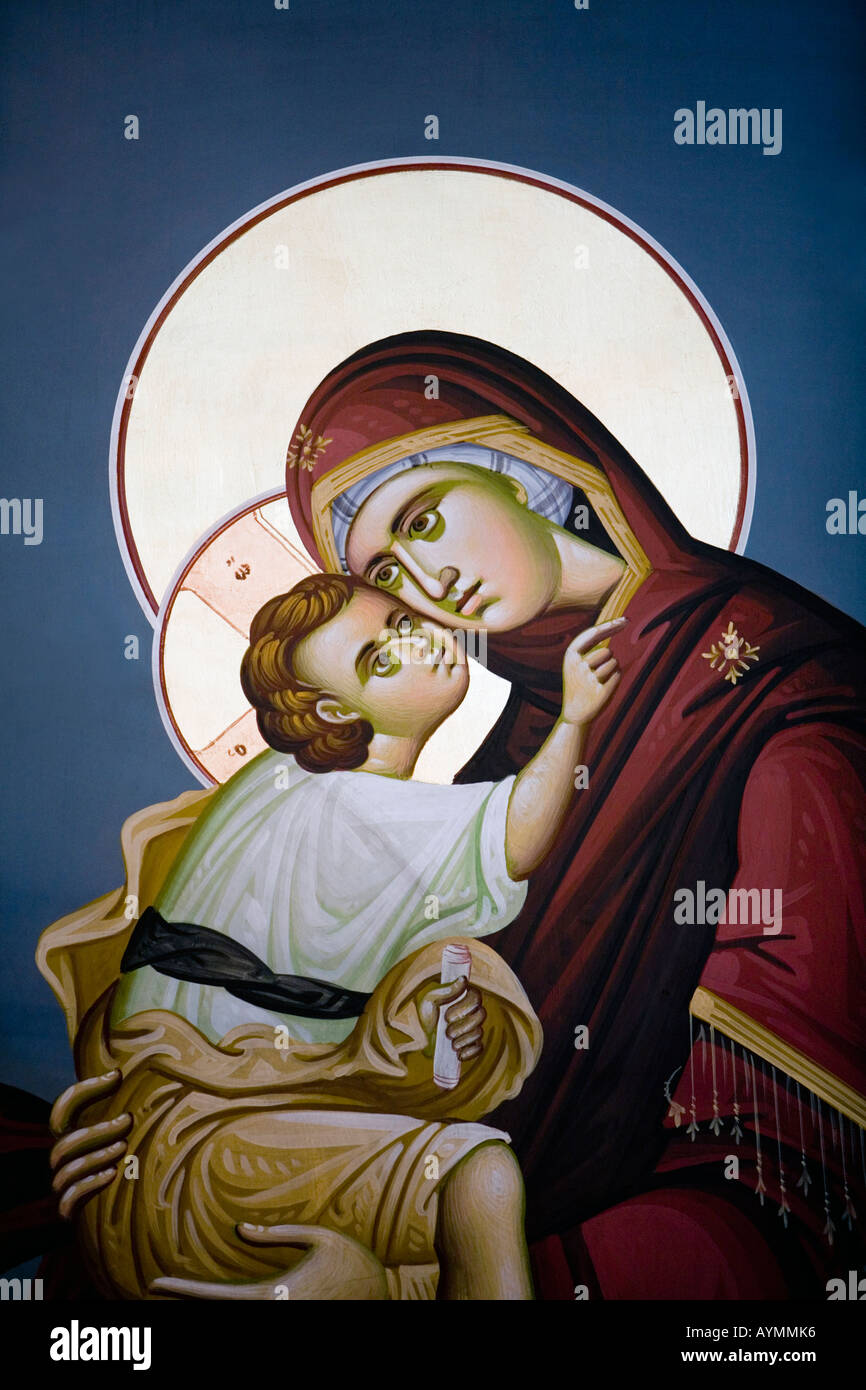 Vierge Marie et l'Enfant Jésus Christ décoration ancienne église Grèce Banque D'Images