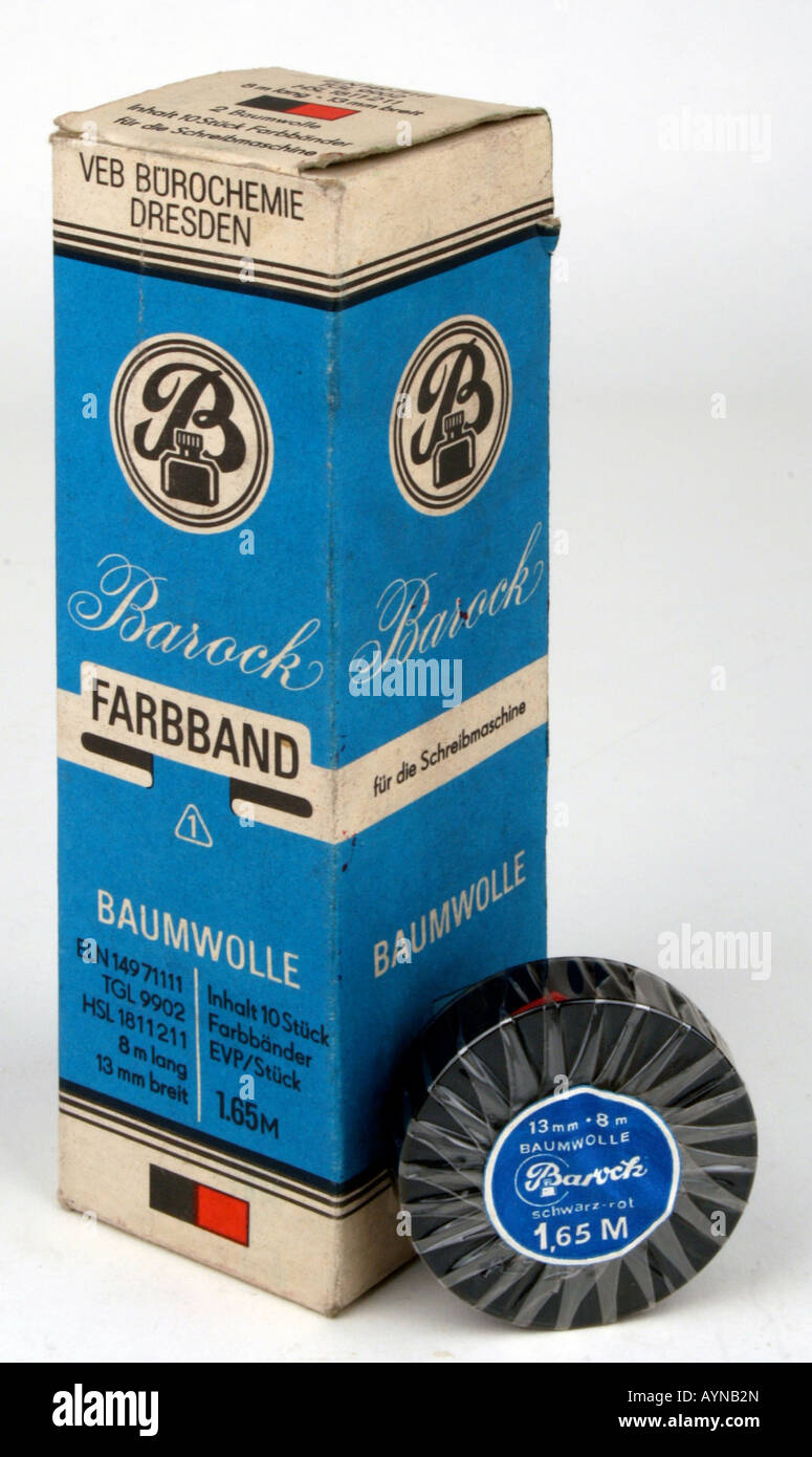 Technics, machines à écrire / cipher, boîte de 10 pièces Barock Farbband pour machine à écrire, produit par VEB Bürochemie Dresden, 1970, Banque D'Images