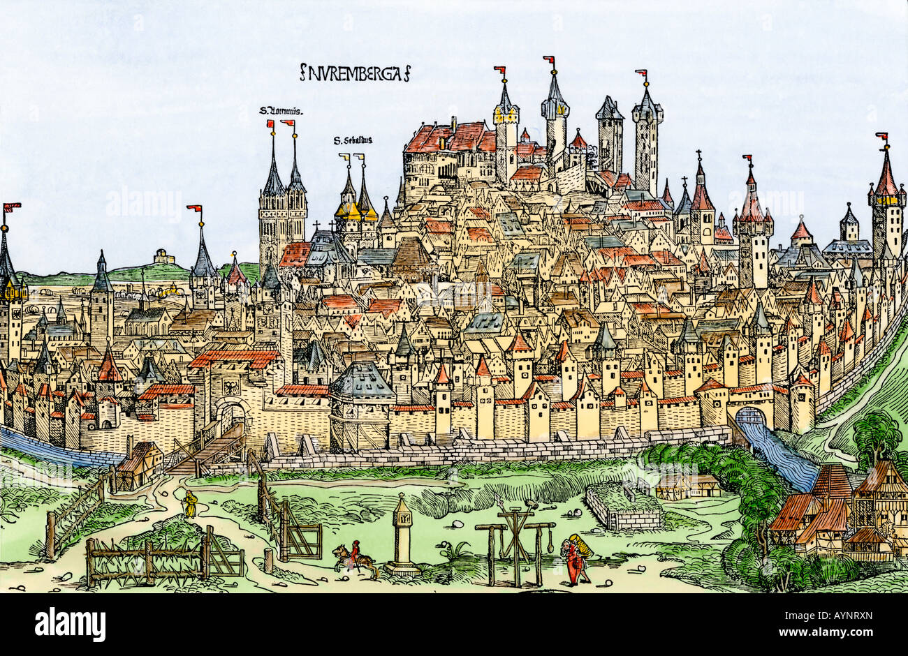 Remparts de la ville médiévale de Nuremberg Allemagne années 1400. À la main, gravure sur bois Banque D'Images