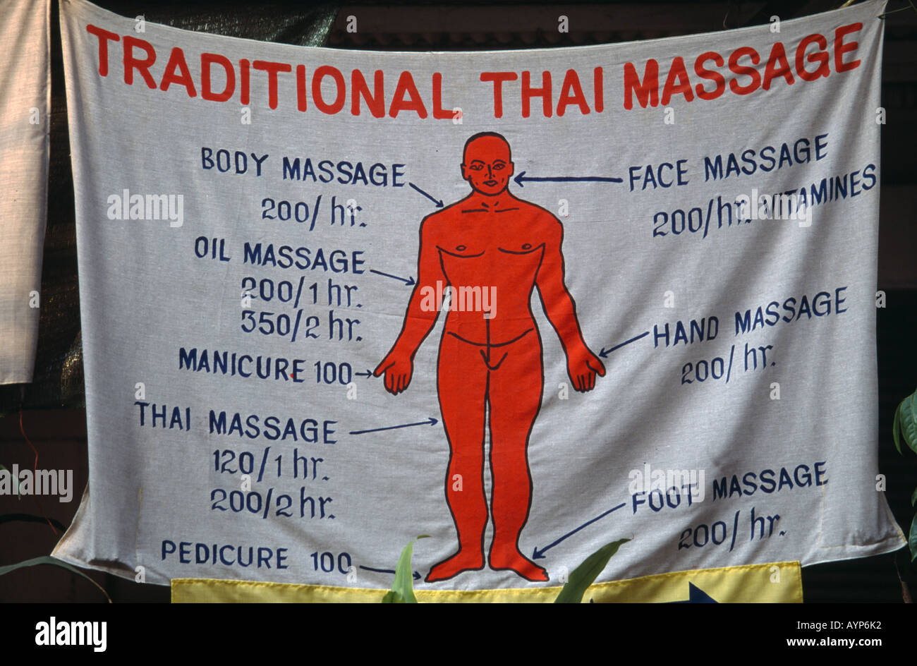 Nord Thaïlande Chiang Mai massage thaï traditionnel bannière avec les prix  des différents massages Photo Stock - Alamy