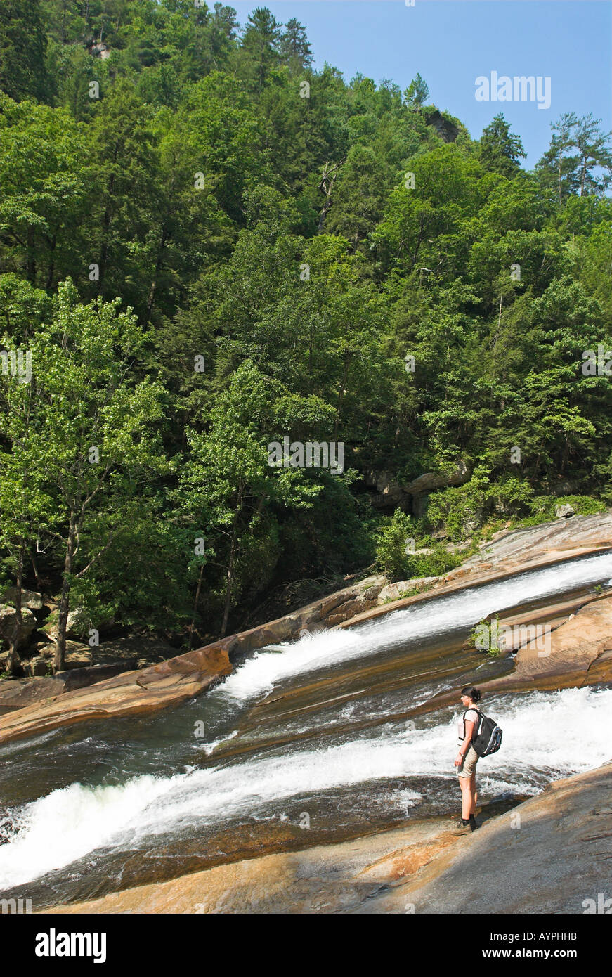 Femme debout à Oceana Falls, parc national des Gorges de Tallulah, Georgia, USA Banque D'Images