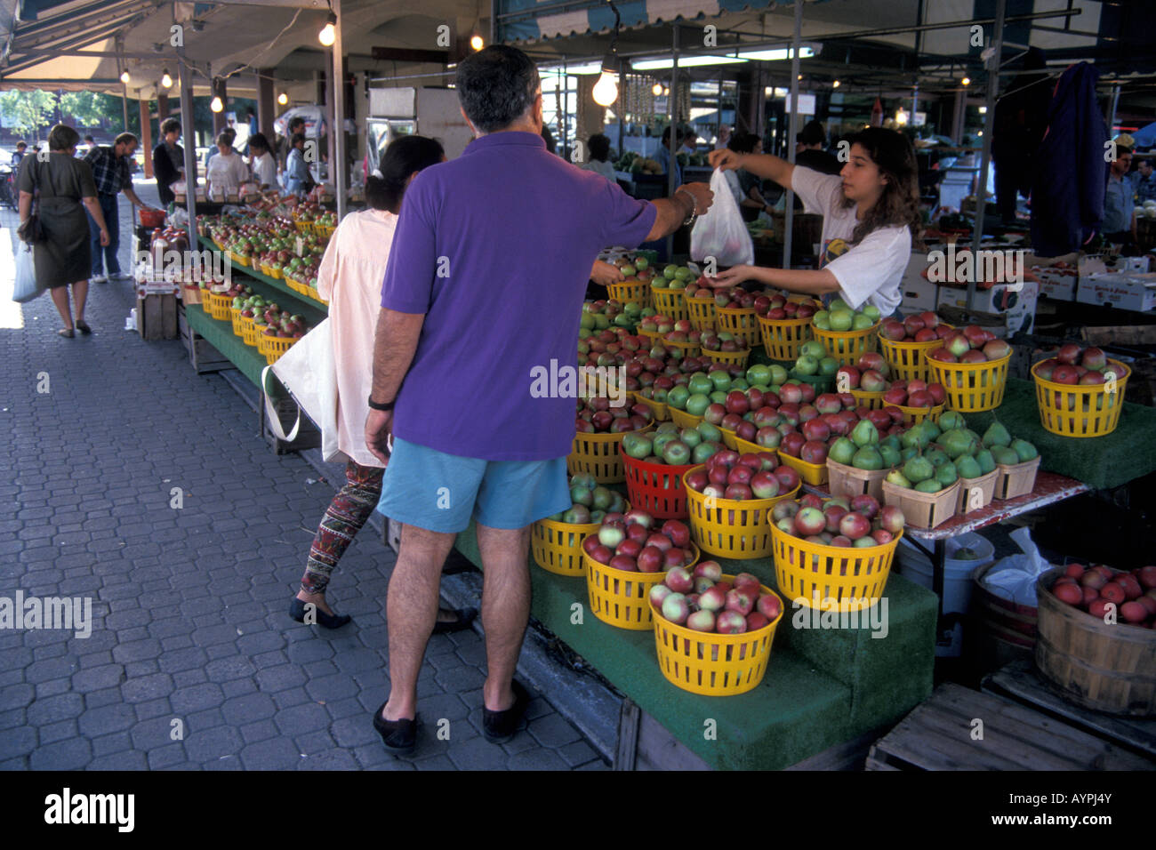 Les acheteurs de pommes à un stand de fruits dans le Marché Atwater, Montréal, Québec, Canada Banque D'Images