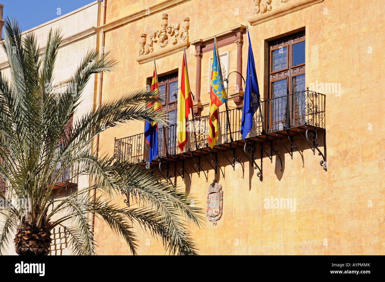 Mairie, palmiers, Elche, Elx, Alicante, Costa Blanca, Espagne Banque D'Images