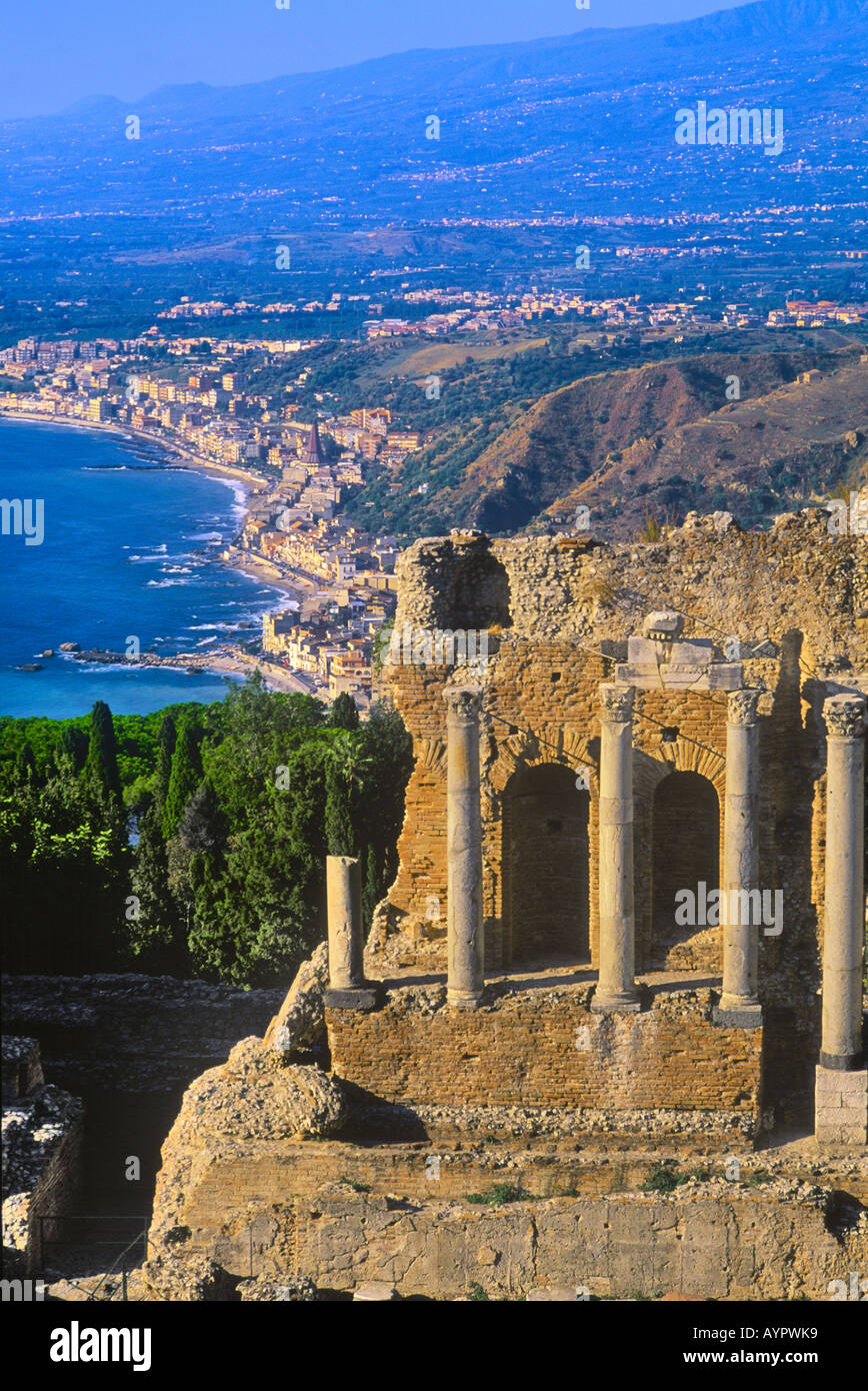 Ruines du théâtre grec de Taormina Sicile Italie Banque D'Images
