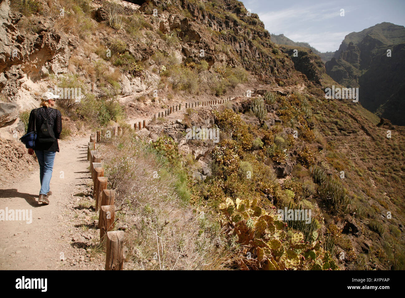 Femme marche le long d'un chemin de terre sur une montagne à Ténérife Banque D'Images