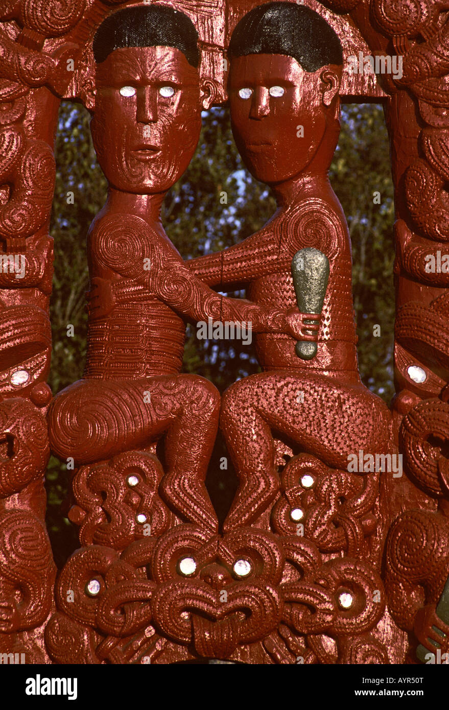 Sculptures Maori à Rotorua, île du Nord, Nouvelle-Zélande Banque D'Images
