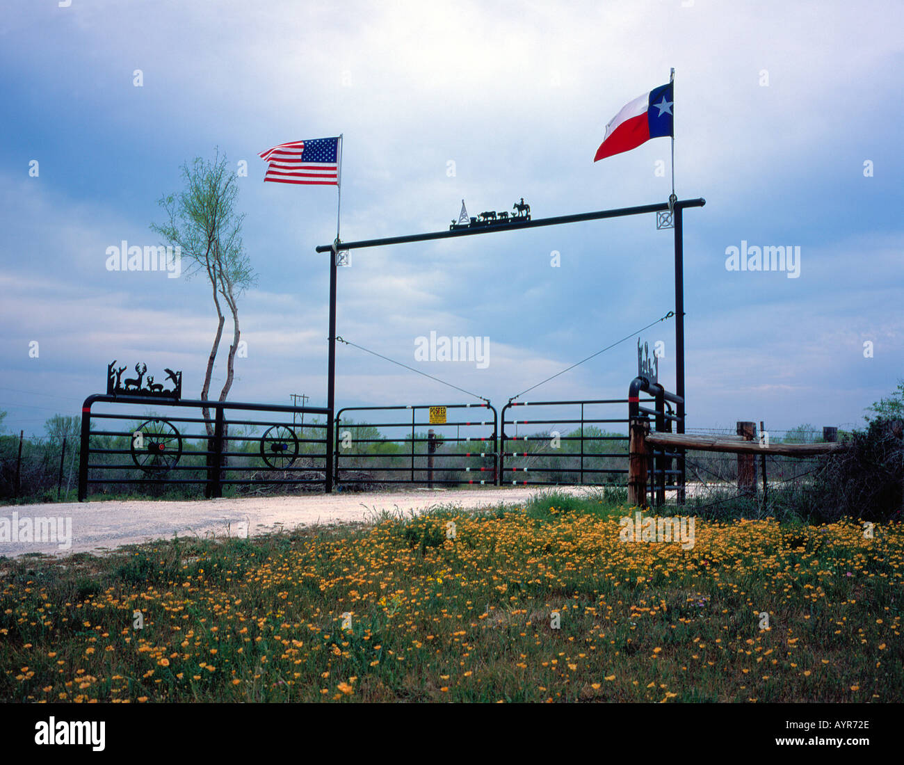 L'entrée et la porte du ranch au Texas aux États-Unis. Photo par Willy Matheisl Banque D'Images