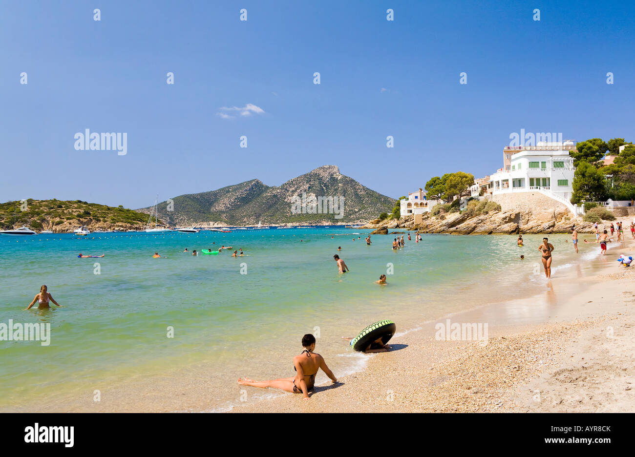 Sant Elm Beach et l'île de Sa Dragonera (retour), Majorque, Îles Baléares, Espagne Banque D'Images