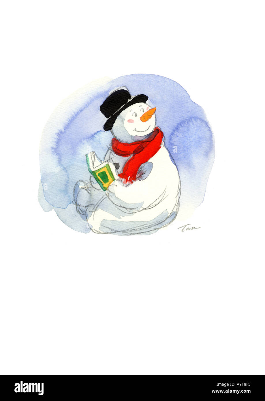 Le Snowman avec écharpe rouge en lisant un livre Banque D'Images