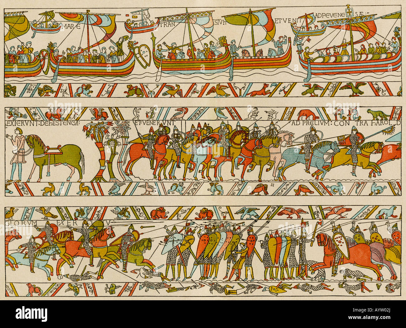 L'invasion normande de l'Angleterre en 1066 une lithographie couleur D. reproduction d'une partie de la Tapisserie de Bayeux Banque D'Images