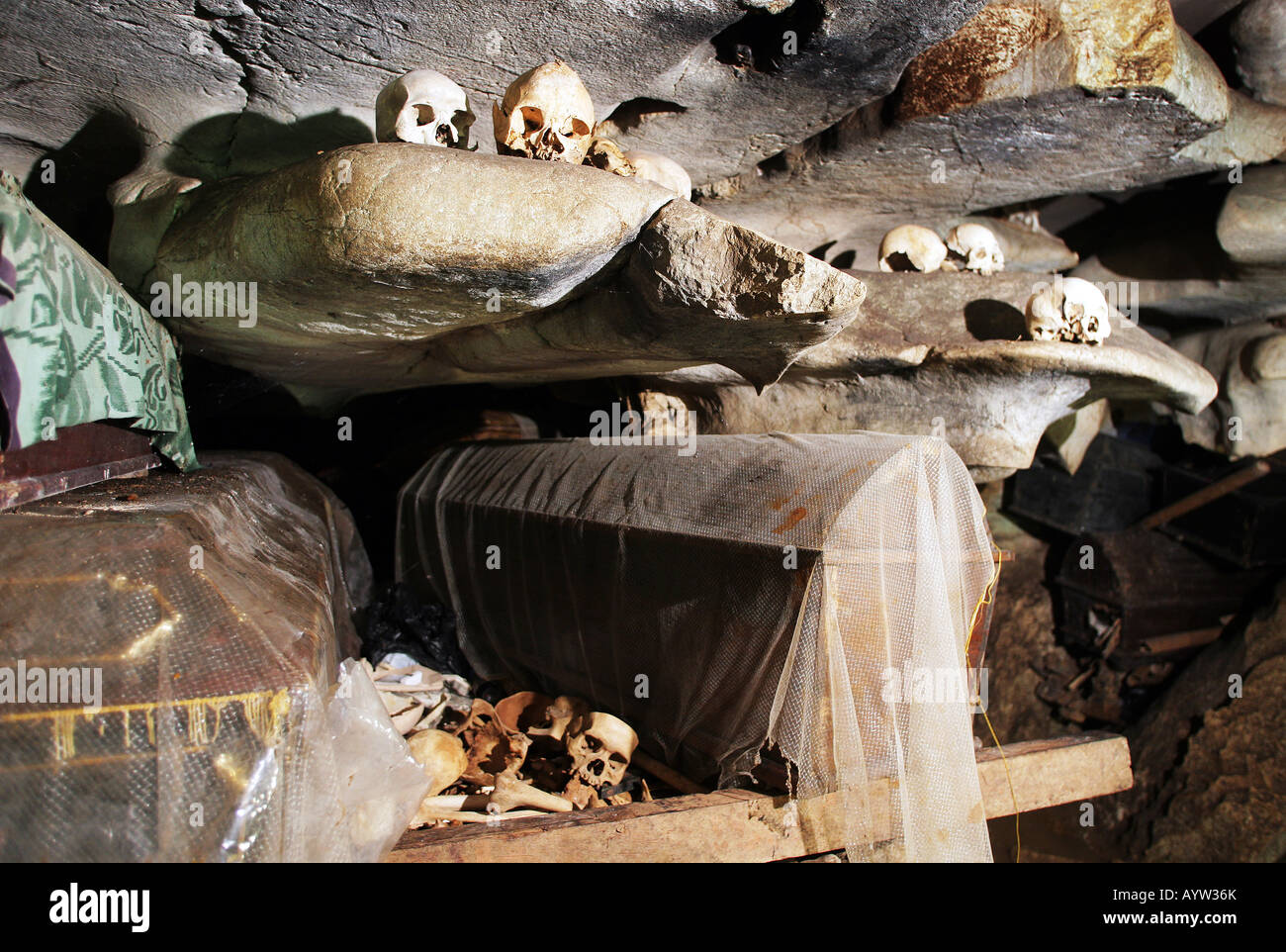 Indonésie : Cercueils et crânes dans une chambre funéraire des tombes dans les grottes de l'île de Sulawesi, Londa Banque D'Images