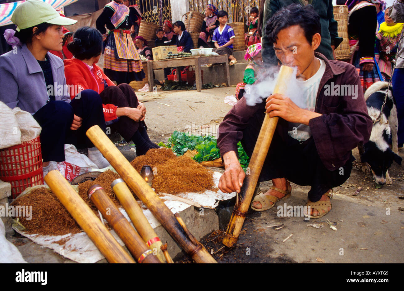 Un paysan d'essayer le tabac dans une pipe de bambou avant d'acheter dans le marché hebdomadaire du dimanche de Bac Ha . Vietnam du Nord Ouest Banque D'Images