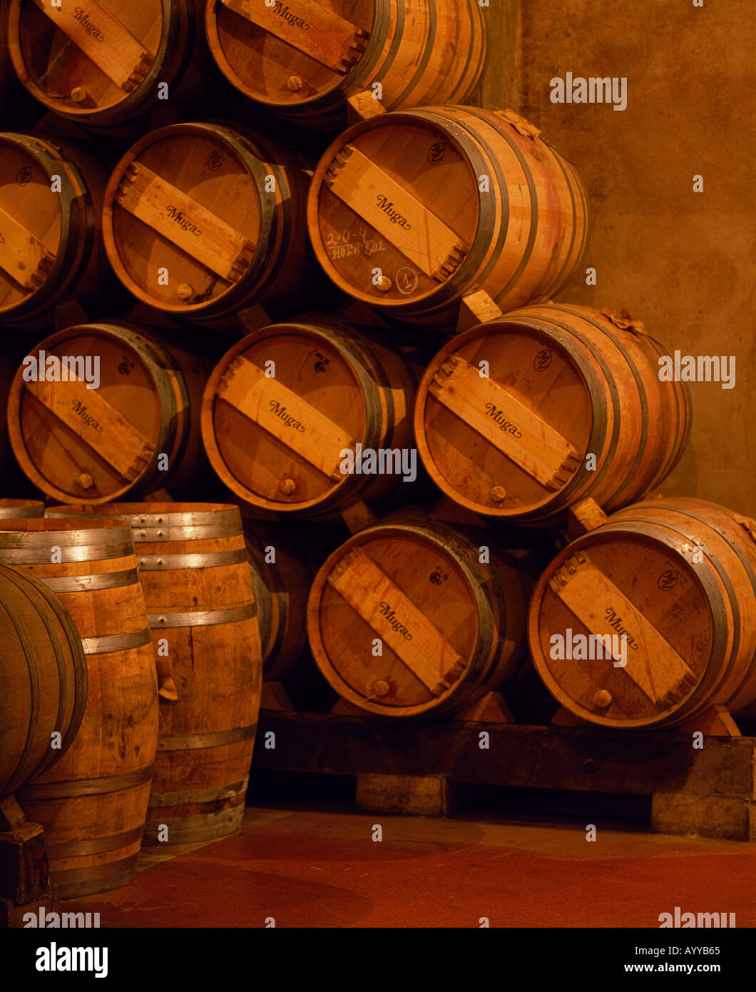 Barils de vin Rioja dans les caves souterraines à Muga winery Haro La Rioja Espagne Banque D'Images