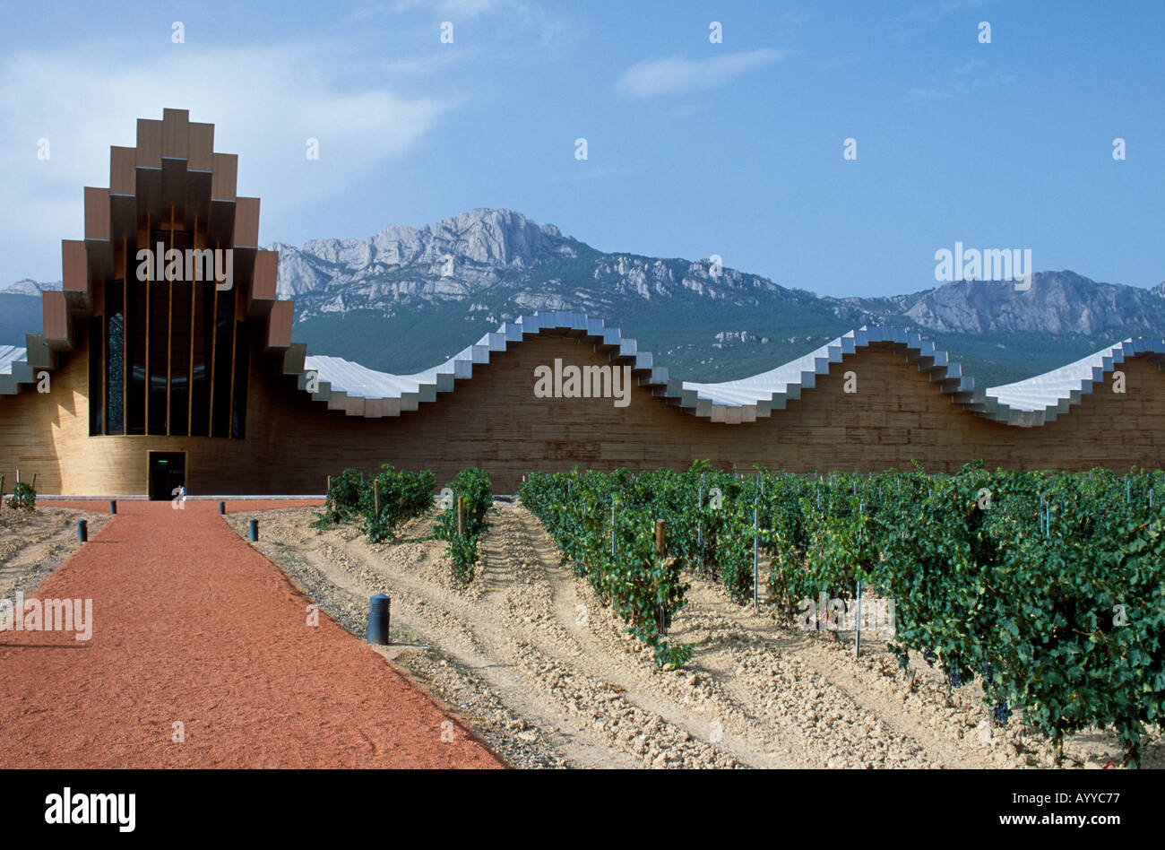 L'architecture saisissante d'Ysios winery reflète les ondulations de la montagnes de calcaire Banque D'Images