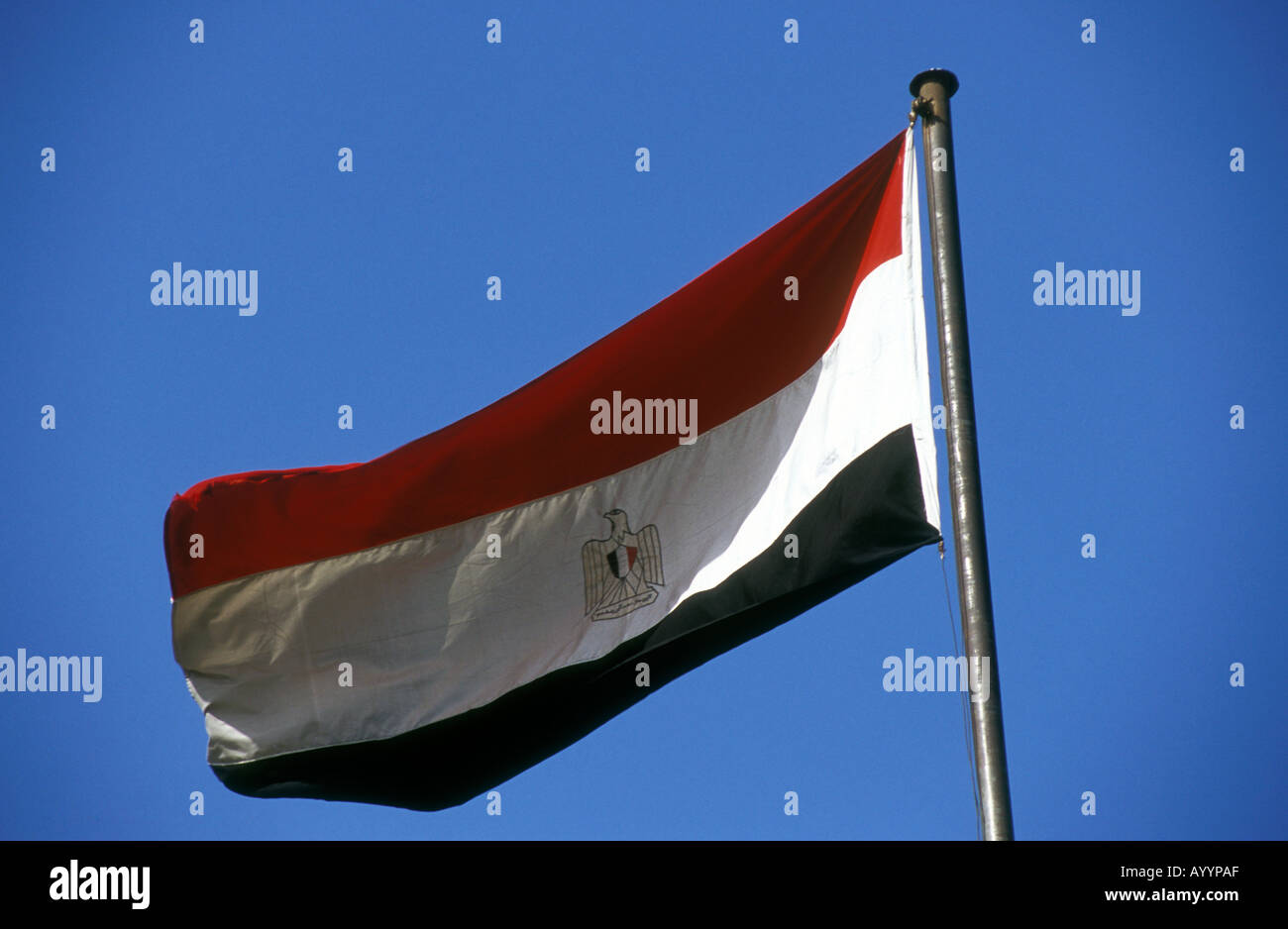 Drapeau national égyptien dans le vent, Le Caire, Égypte. Banque D'Images