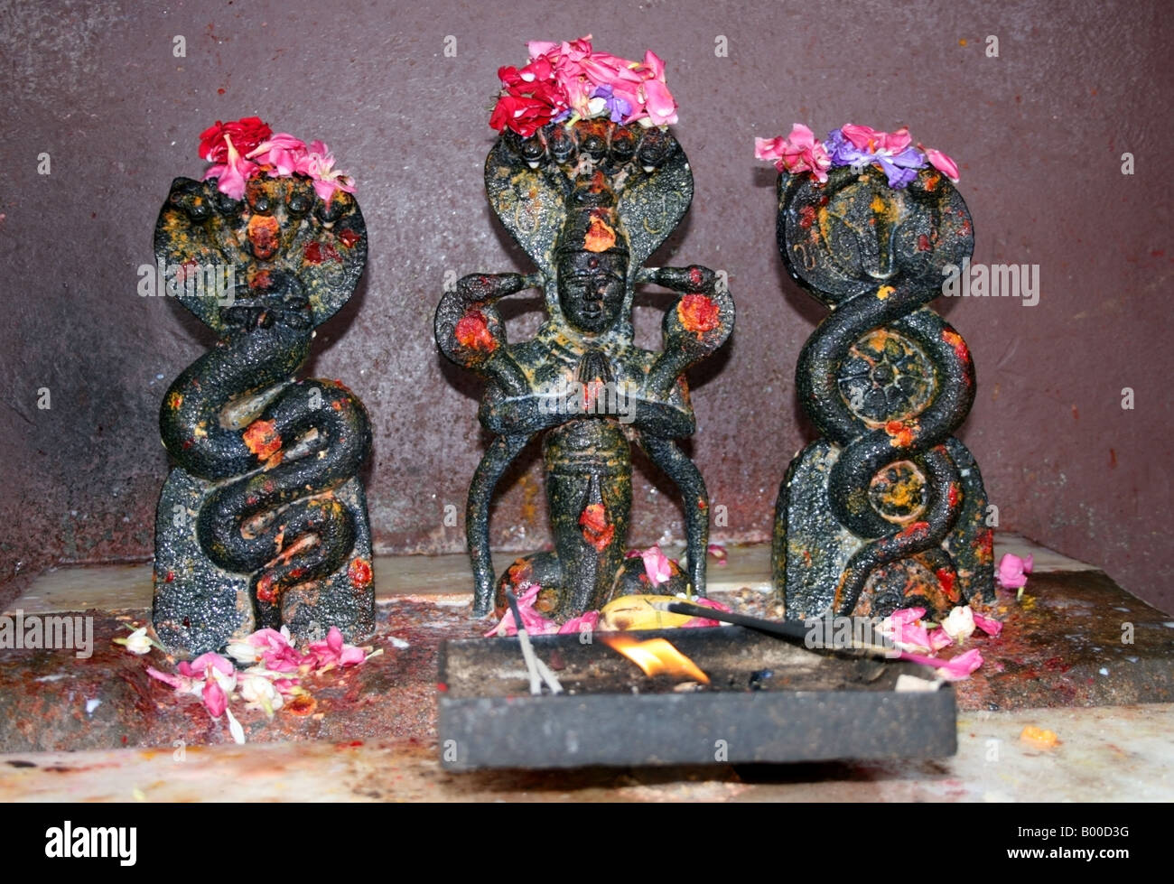 Sanctuaire de Naga et serpent-geni figures , Karnataka, Inde du Sud Banque D'Images