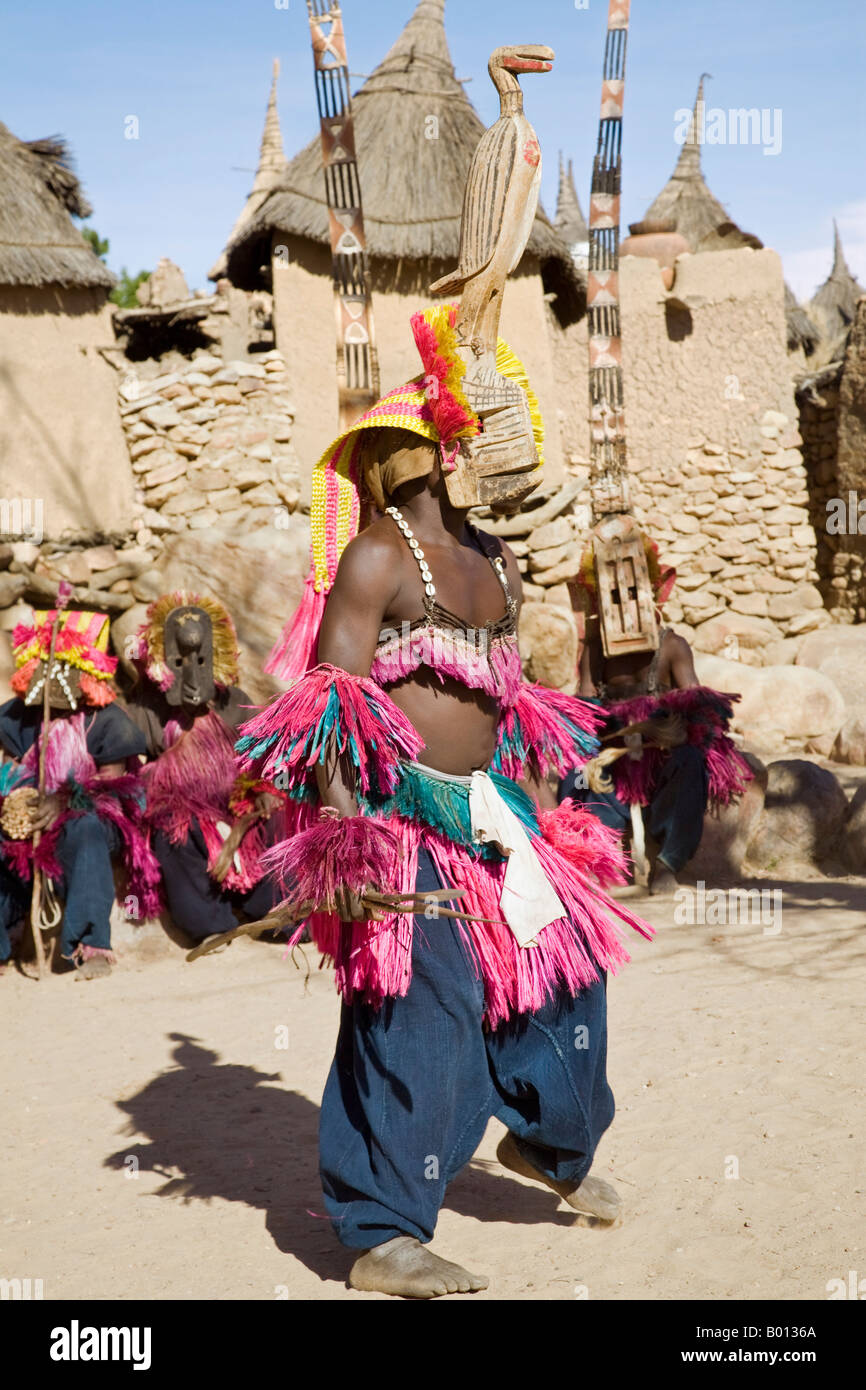 Mali, Pays Dogon, Tereli. Un danseur masqué en prestation au village Dogon de Tereli. Banque D'Images