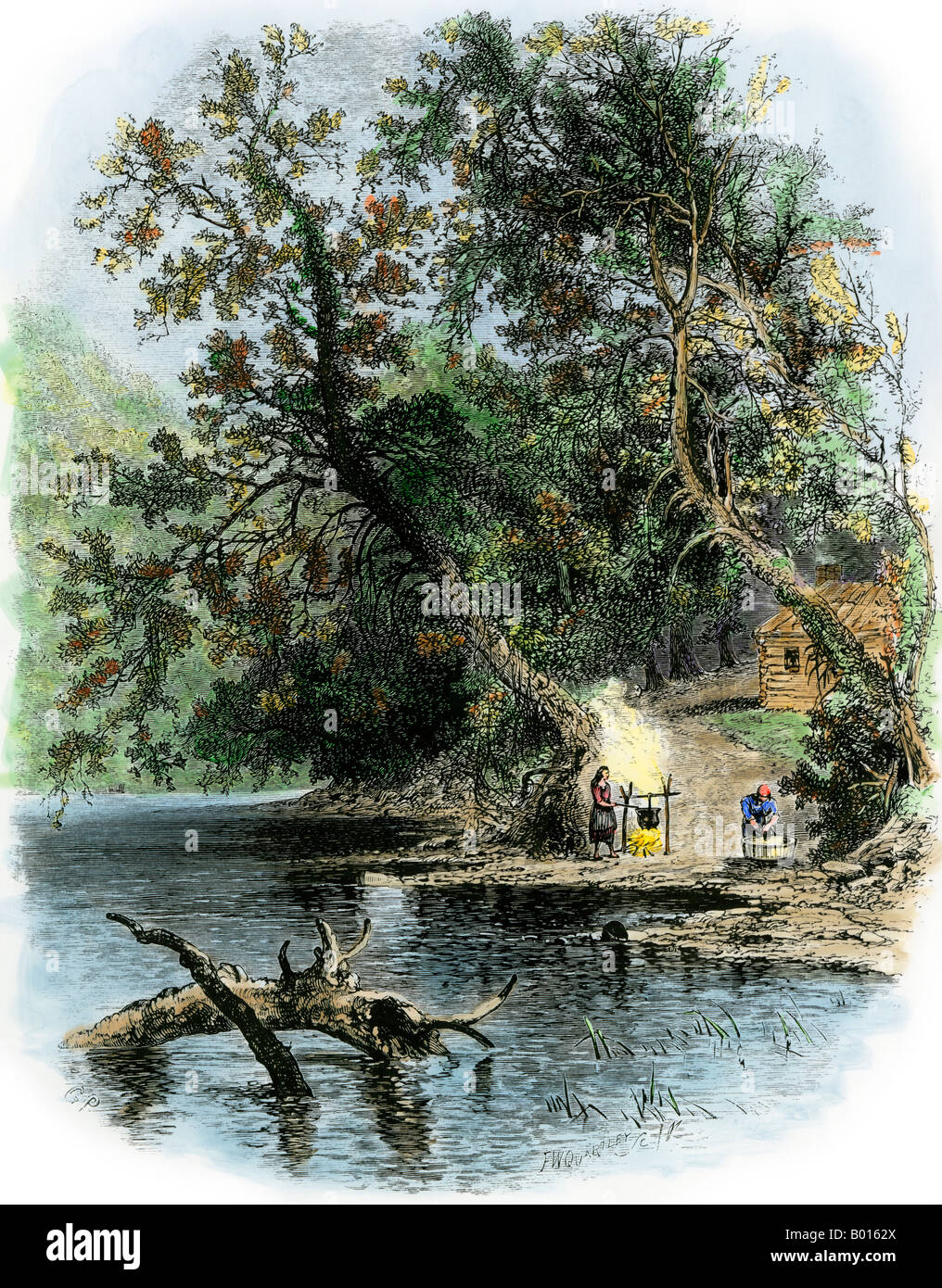 Pionnière la cuisson en plein air sur les rives de la Susquehanna en Pennsylvanie. À la main, gravure sur bois Banque D'Images