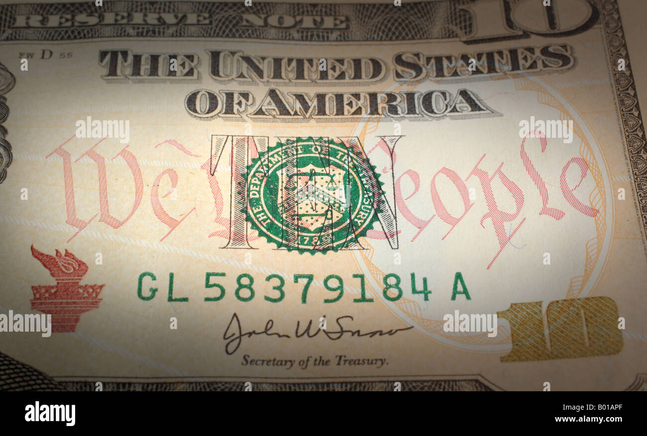 Partie d'un billet de dix dollars photographié près de spectacle 'We The People' Banque D'Images