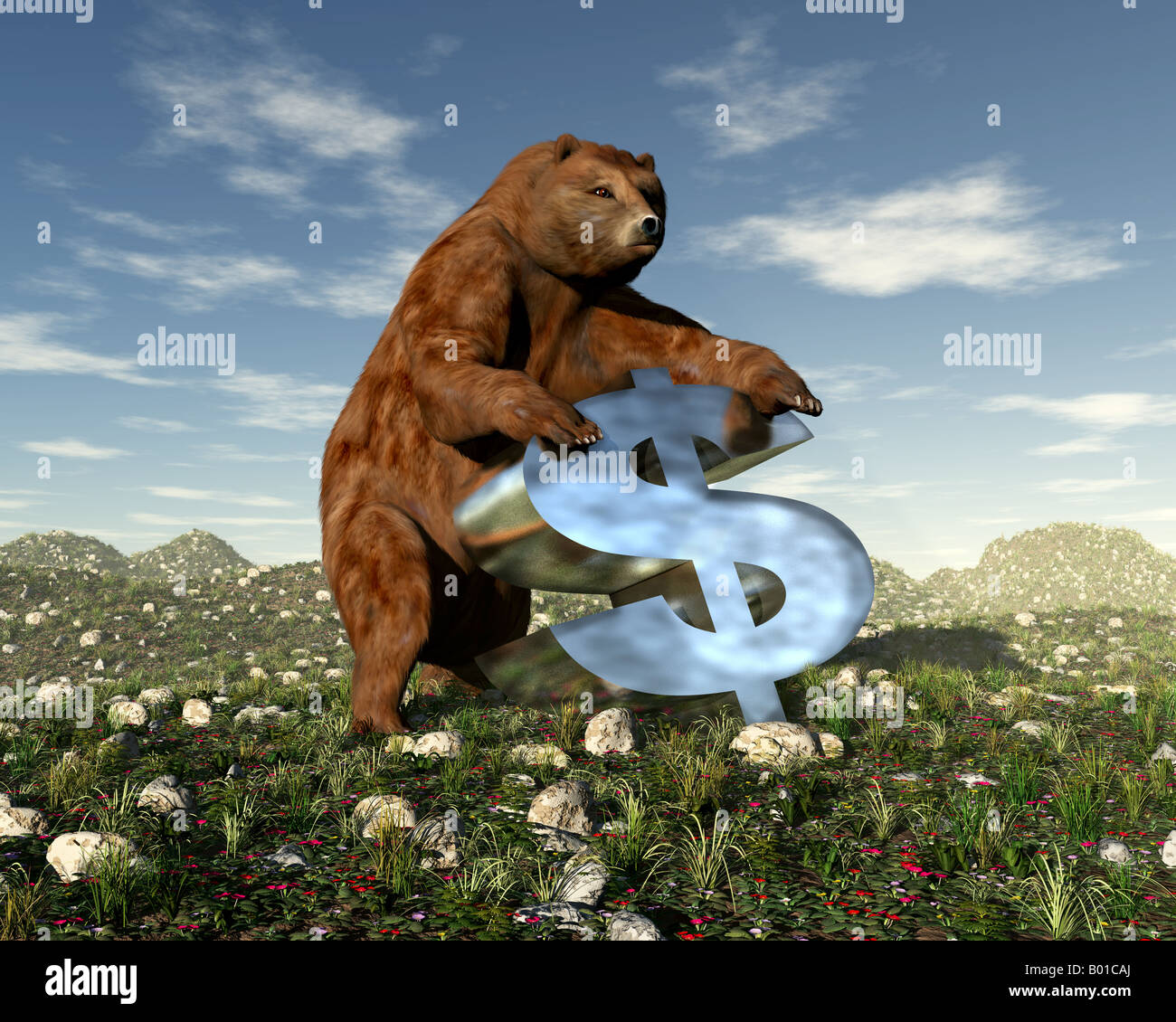 Un ours sur un signe dollar signifie 'le bear market' Banque D'Images