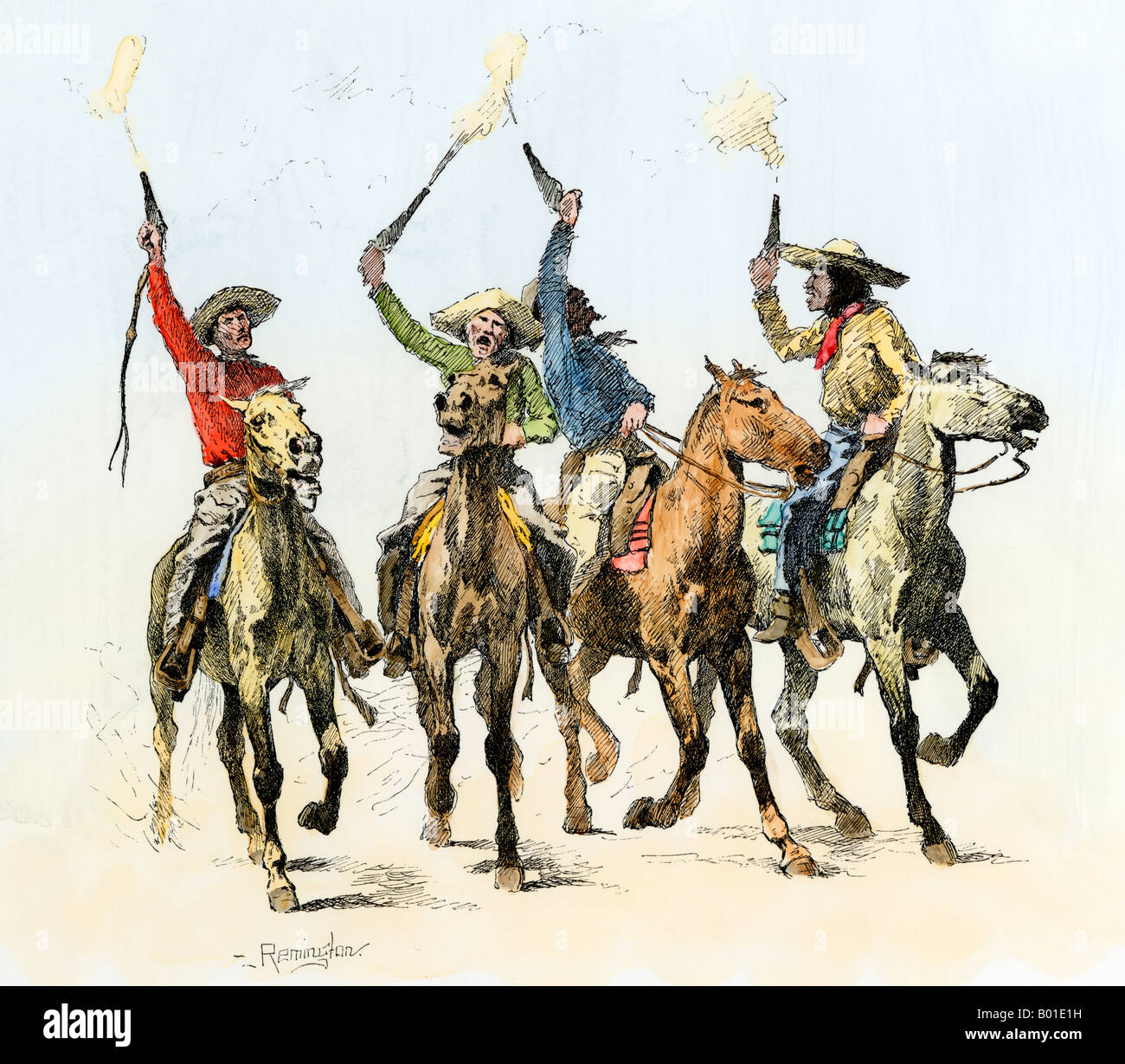 Rowdy punchers vache tirant des coups de feu en l'air. À la main, gravure sur bois, d'une illustration Frederic Remington Banque D'Images