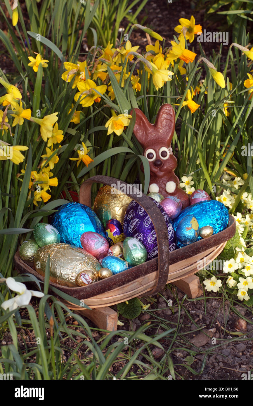 Les oeufs de Pâques et Bunny dans un jardin Trug La collecte des Œufs en  chocolat Photo Stock - Alamy