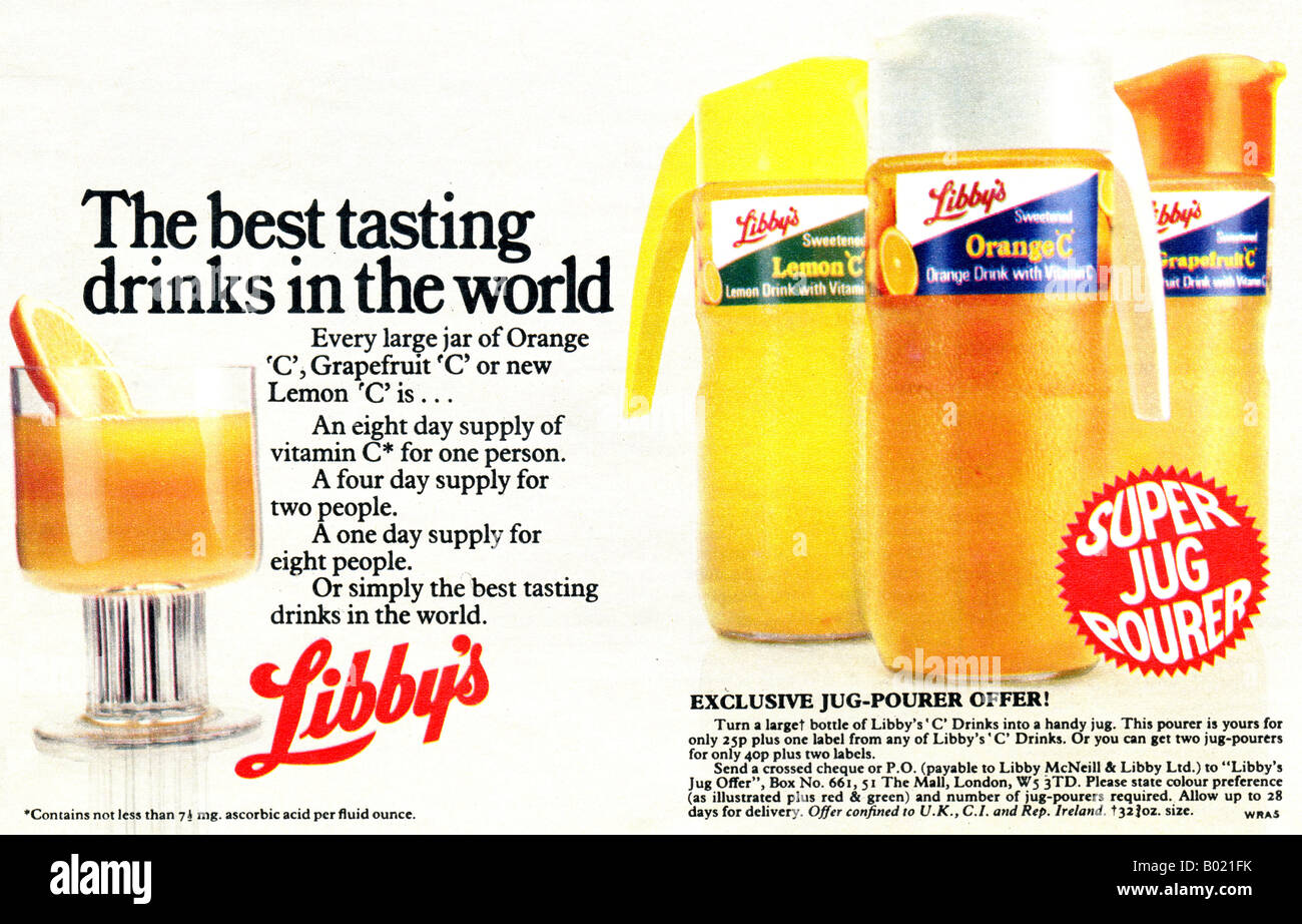 1970 La publicité pour l'Libby Orange citron pamplemousse et les boissons aux fruits 1973 pour un usage éditorial uniquement Banque D'Images