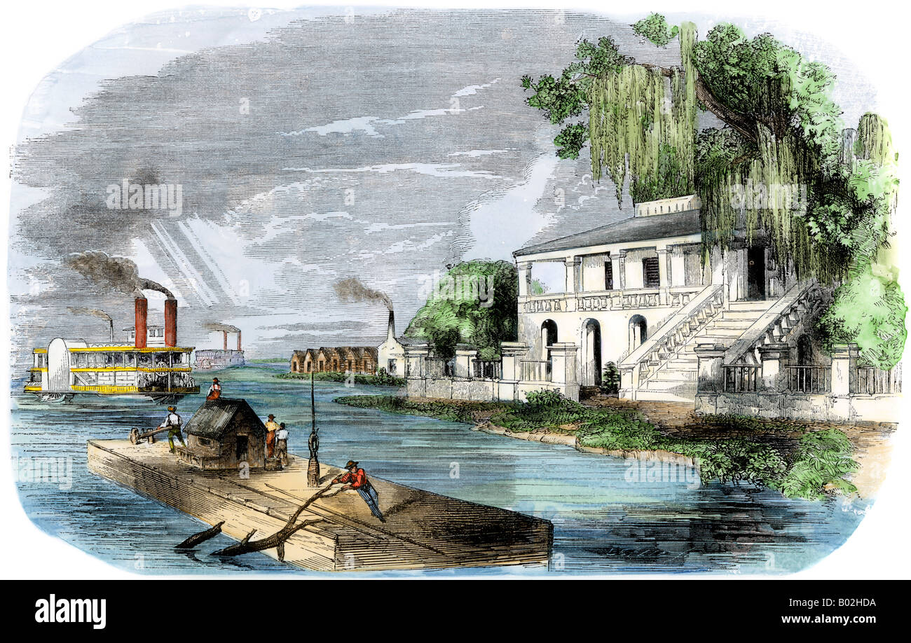 Les bateaux à vapeur et un radeau passant une plantation de sucre sur le fleuve Mississippi, années 1850. À la main, gravure sur bois Banque D'Images