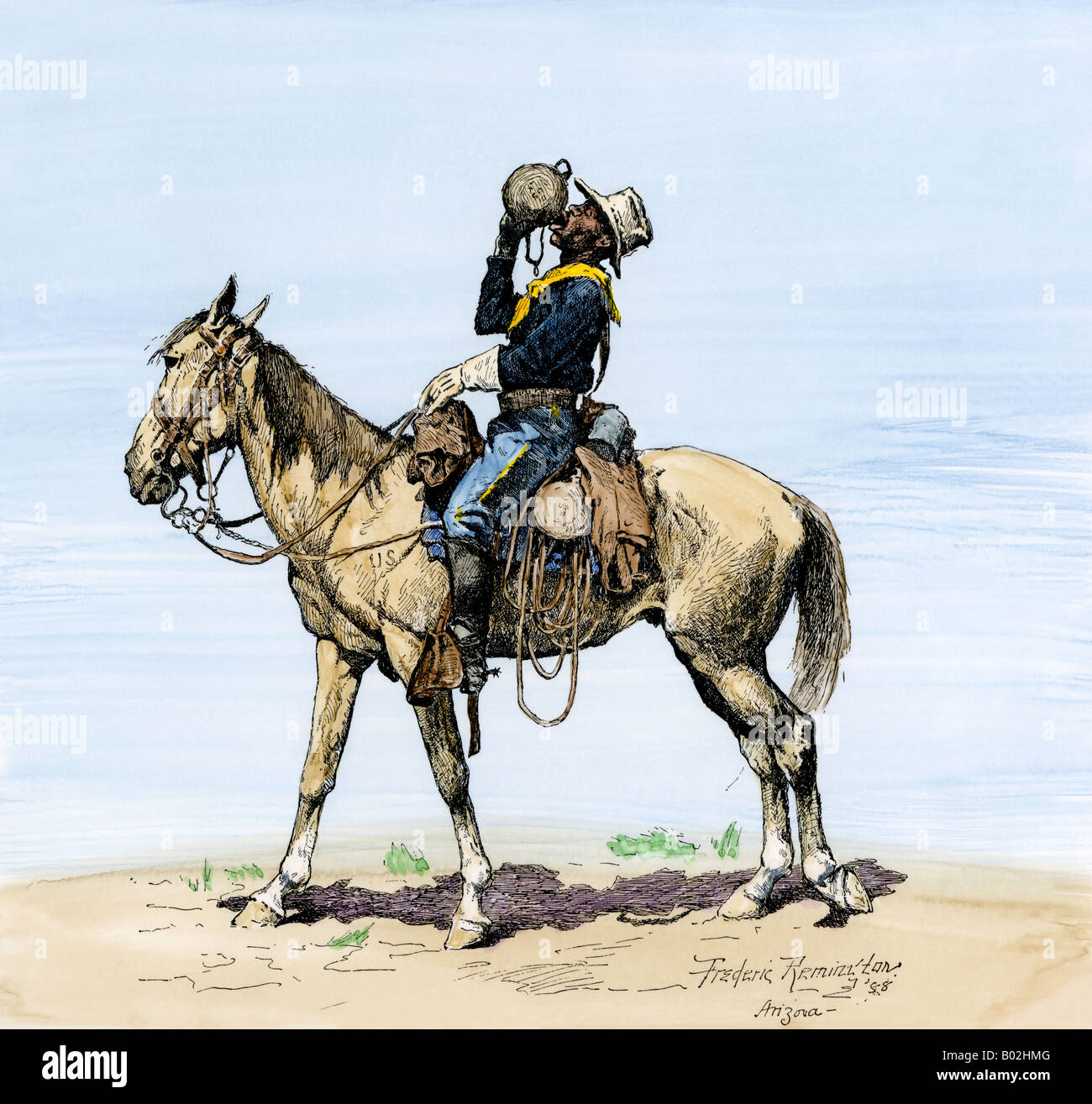 Buffalo Soldier boire à sa gourde sur un désert de mars. À la main, gravure sur bois, d'une illustration Frederic Remington Banque D'Images