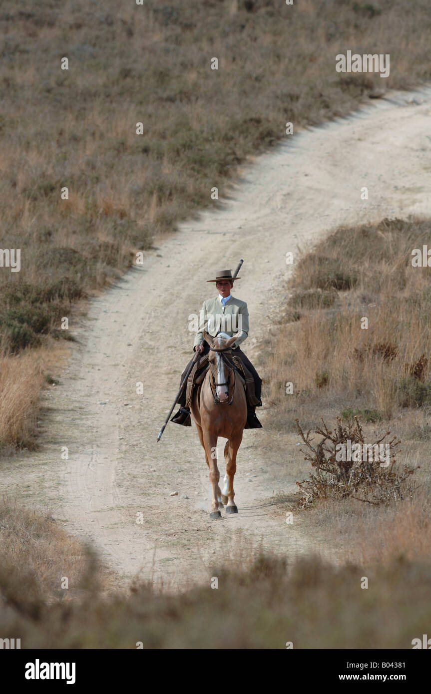 Spanische Reiterin Cavalier femme cheval Espagne Garrocha Banque D'Images
