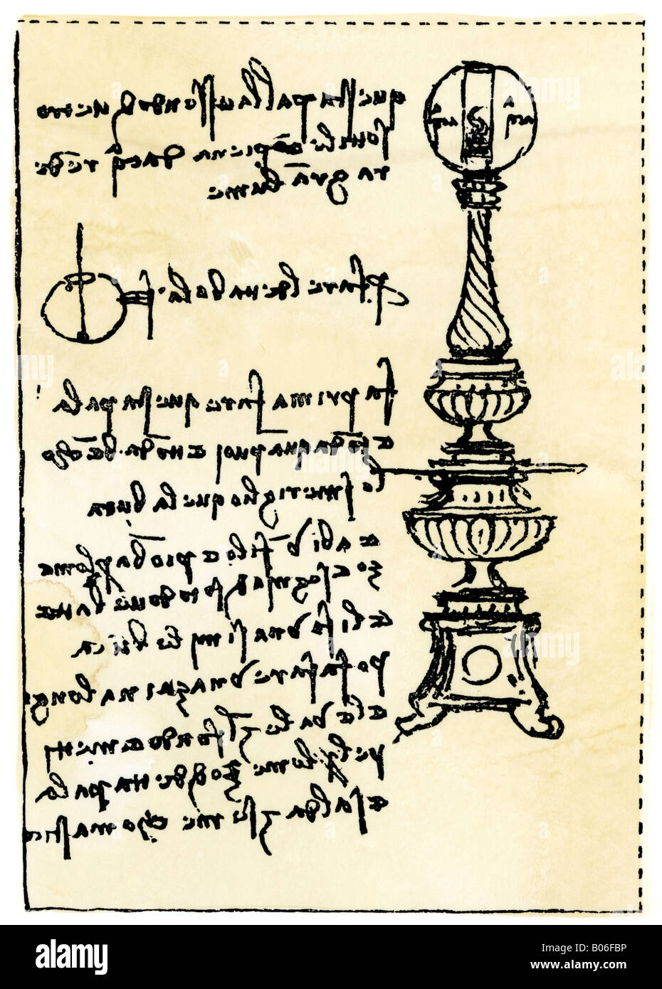 Léonard de Vinci en arrière sur son écriture pour une lampe à l'aide d'un globe rempli d'eau. Gravure sur bois avec un lavage à l'aquarelle Banque D'Images