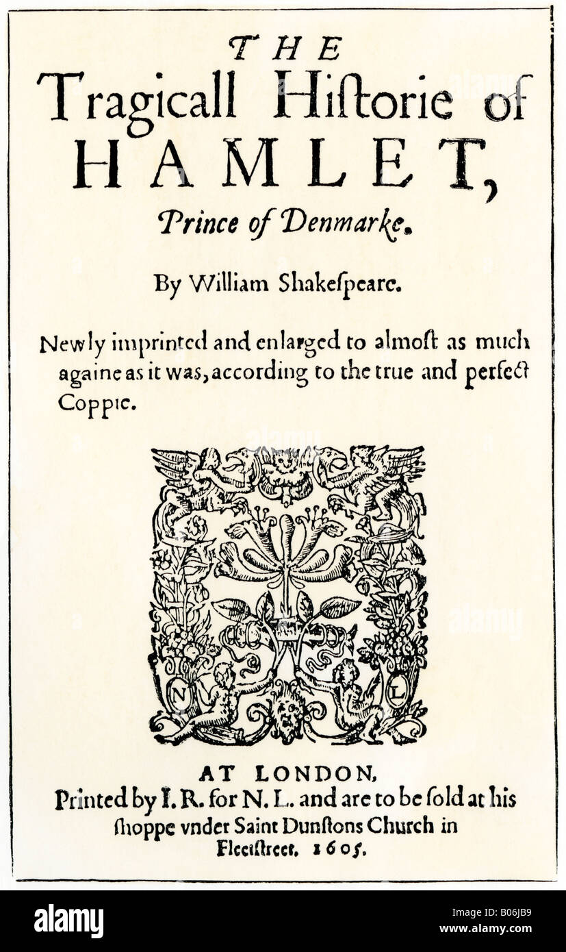 Page de titre de la publication 1605 de Hamlet de William Shakespeare. Gravure sur bois avec un lavage à l'aquarelle Banque D'Images