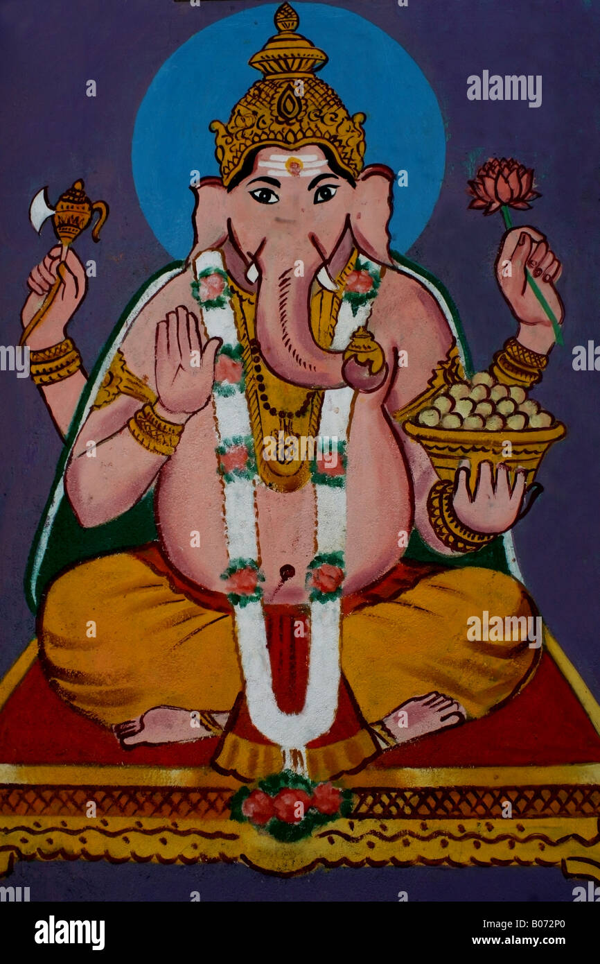 Ganesh peinture murale sur un mur du temple de Madurai , Tamil Nadu , Inde Banque D'Images