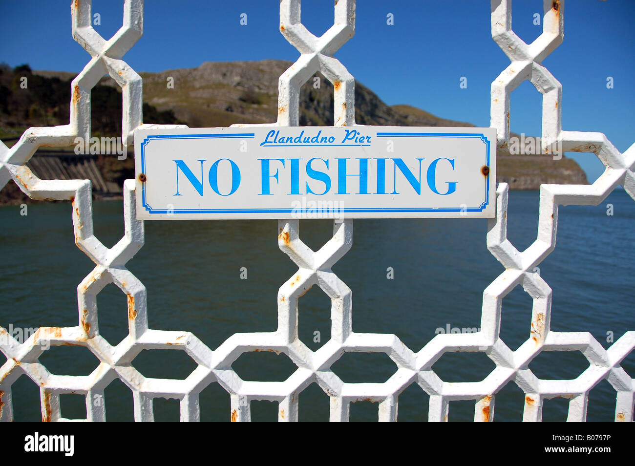 Pas de signe pour la pêche, la jetée de Llandudno, au nord du Pays de Galles Banque D'Images