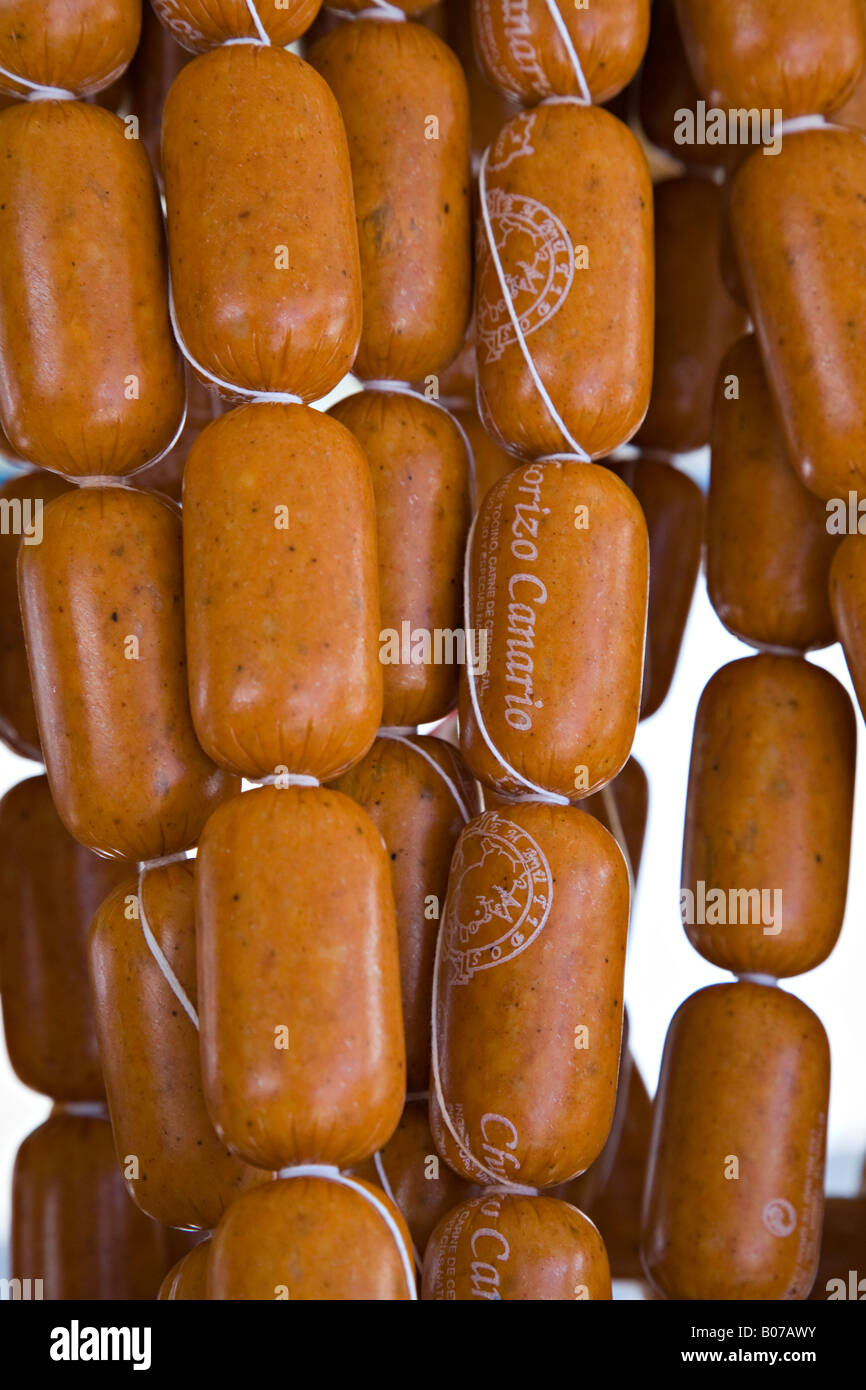 Chorizo de Teror saucisses de porc sur la vente au marché de dimanche Teror' 'Gran Canaria Espagne Banque D'Images