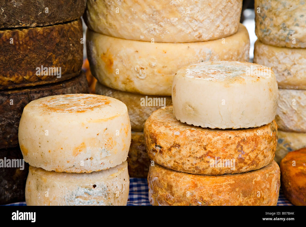 Hand made des fromages locaux Flor de Guia fabriqués à partir de lait de chèvre et brebis vendus au marché de dimanche Teror' 'Gran Canaria Espagne Banque D'Images