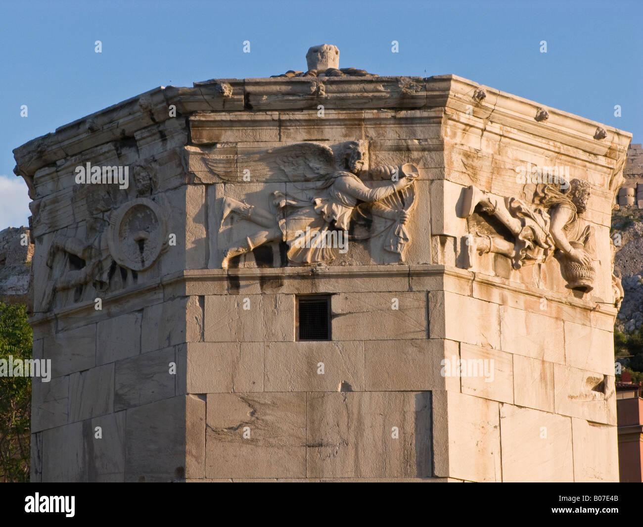 Détail de sculptures, Tour des Vents, Athènes, Grèce Banque D'Images
