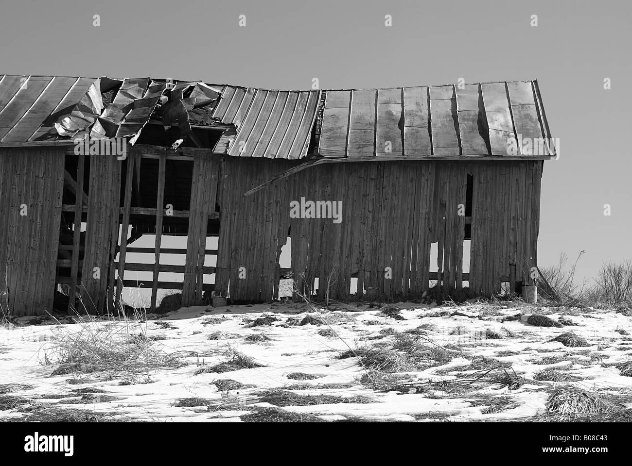 L'abandon abandonnés Vermont grange à foin sur une colline à la fin de l'hiver avec du foin et de la neige en premier plan noir et blanc Banque D'Images
