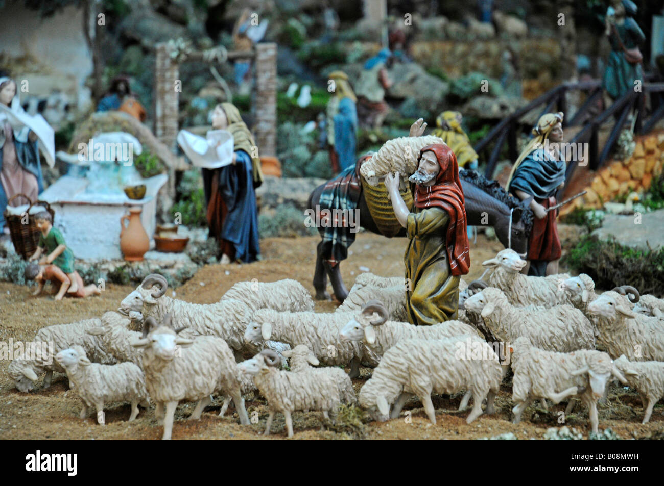 Scène de la nativité dans une église, Iglesia de la Puríssima Xiqueta, Benissa, Alicante, Costa Blanca, Espagne Banque D'Images