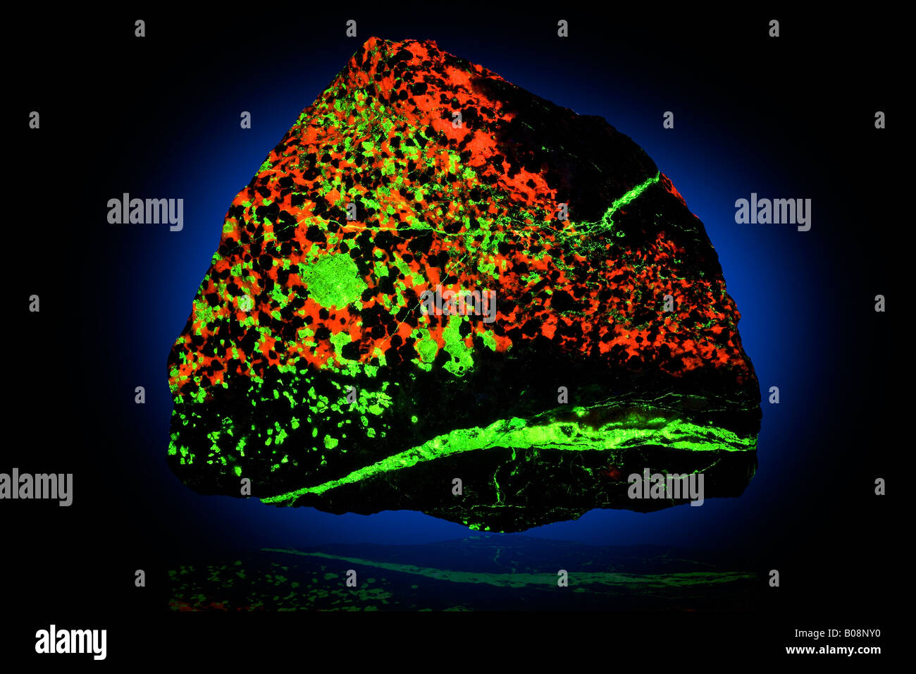 Calcite willémite Franklinite sous lumière UV Banque D'Images