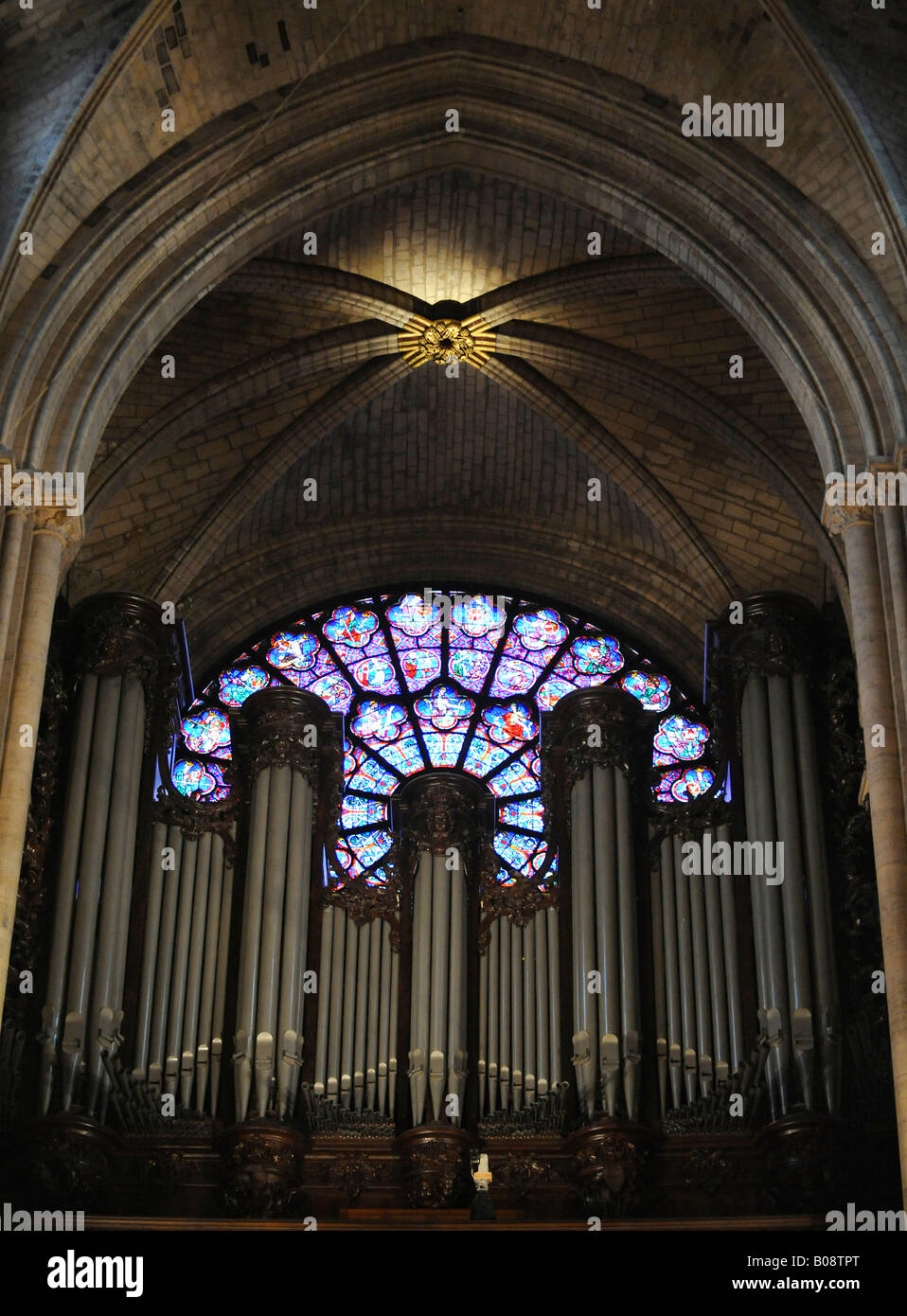 Vue de l'intérieur, l'orgue et des vitraux fenêtre rose, Notre Dame de Paris, Paris, France Banque D'Images