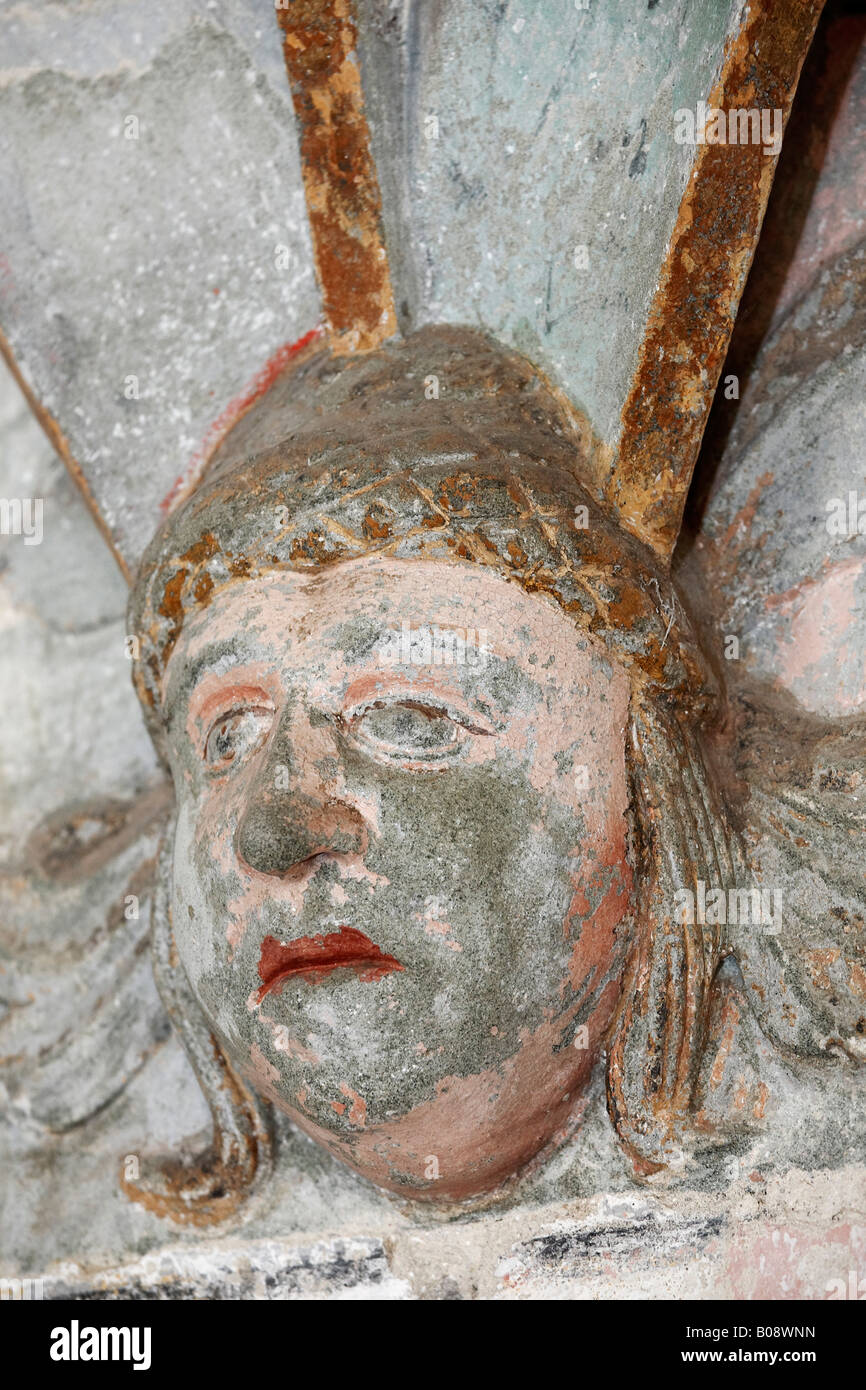 Visage humain figuratifs, nervuré vault de cloître gothique tardif, Riedlingen, en Haute Souabe, Bade-Wurtemberg, Allemagne, Europe Banque D'Images