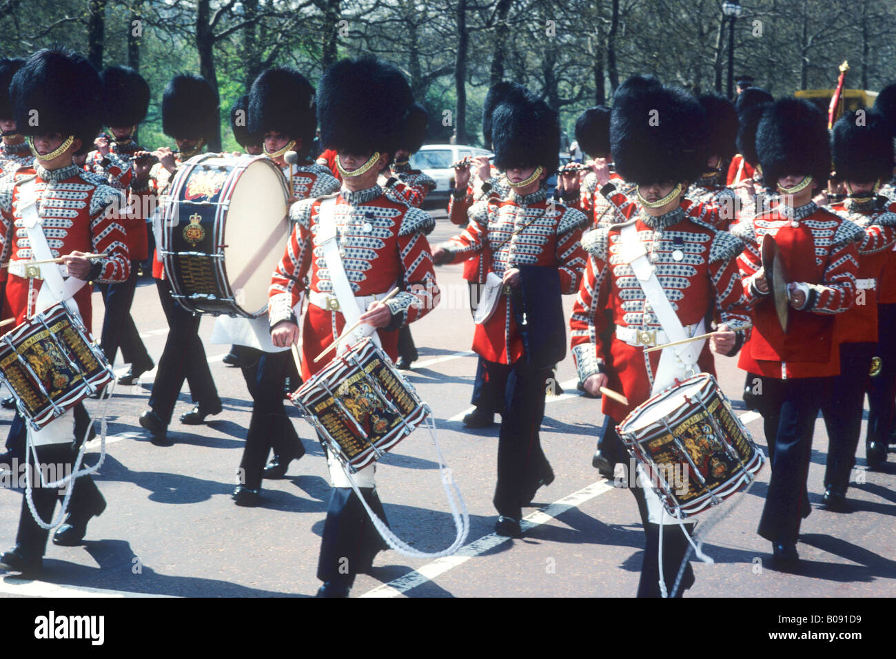 Grenadier Guards Band musiciens marchant le Mall Londres Angleterre Royaume-Uni British Army militaire uniforme de cérémonie cérémonie tambours Banque D'Images