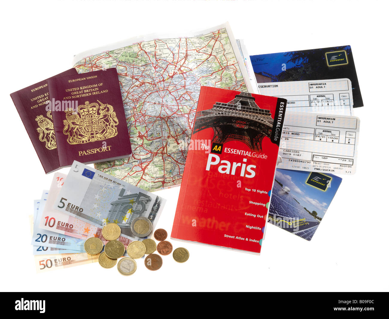 Documents de voyage et d'Euros Paris Banque D'Images