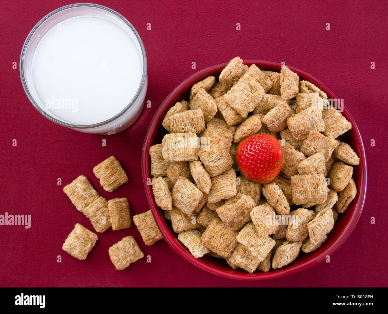 Plan Macro sur la série de déjeuners nutritifs un bol de shredded wheat carrés et des fraises sur fond rouge Banque D'Images