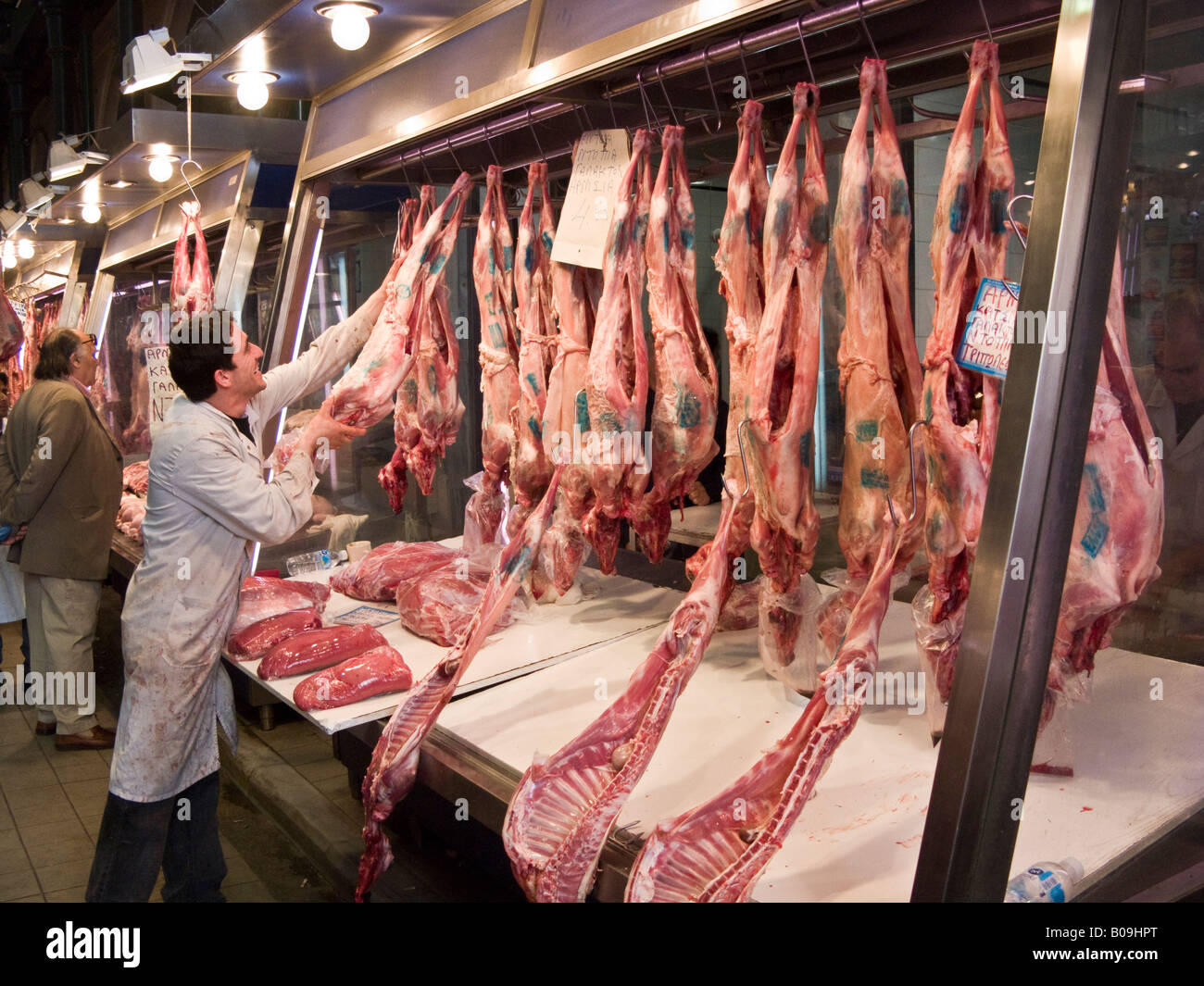 Blocage de la viande, Marché Central d'Athènes, Athinas Street, Athènes, Grèce Banque D'Images