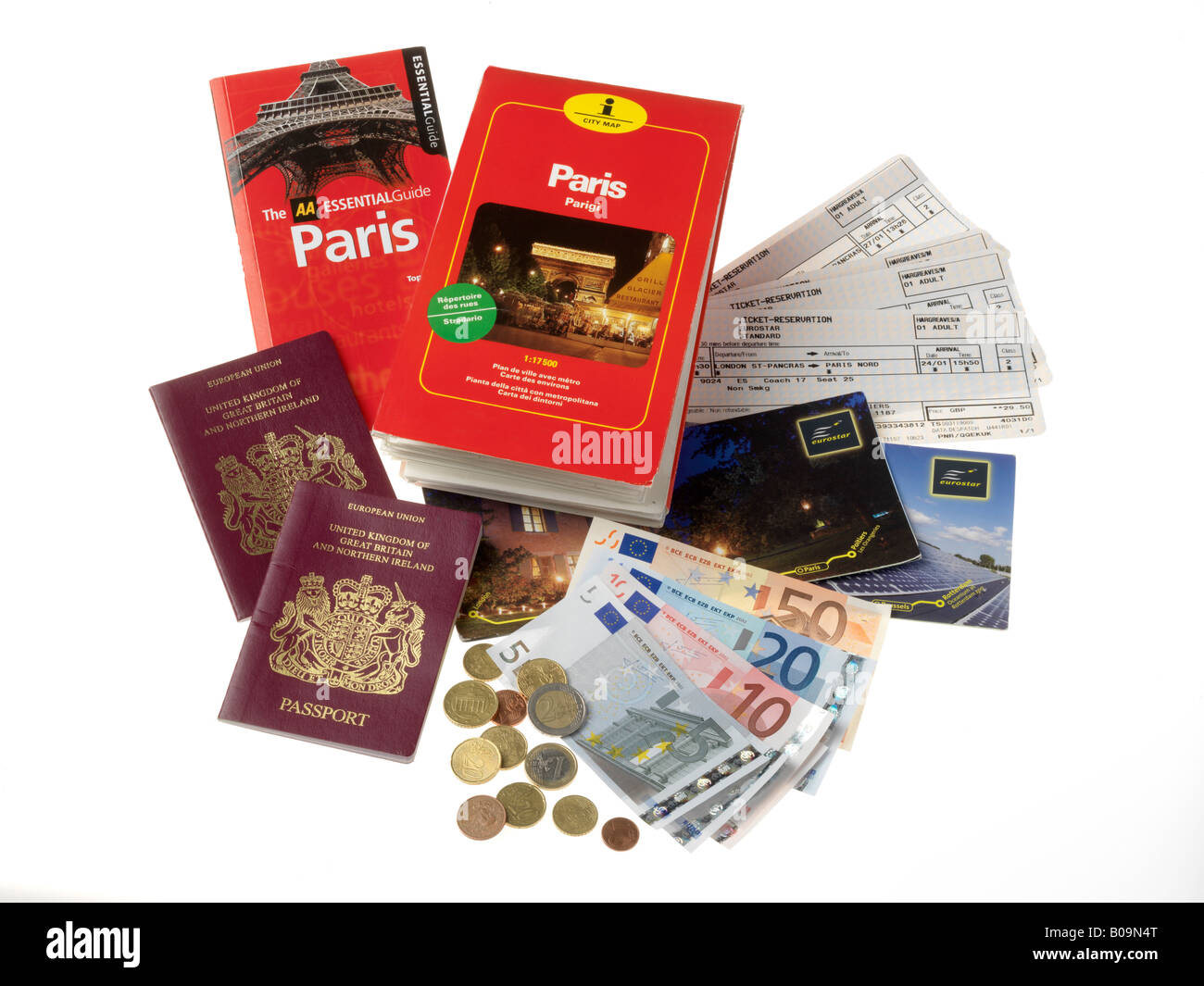 Billets Eurostar & Euros & Cartes Paris Banque D'Images